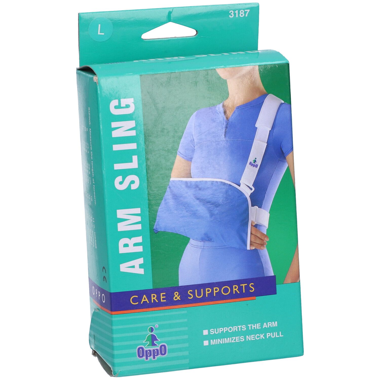 Tutore braccio Oppo in confezione. Supporto blu, cinturino bianco. Taglia L. Scritta: Care & Supports.