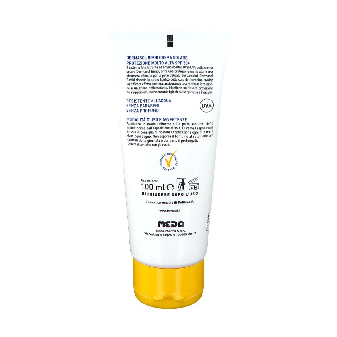Retro del tubo di crema solare. Testo: DERMASOL Bimbi, Crema Solare, protezione 50+. Contiene informazioni e ingredienti.