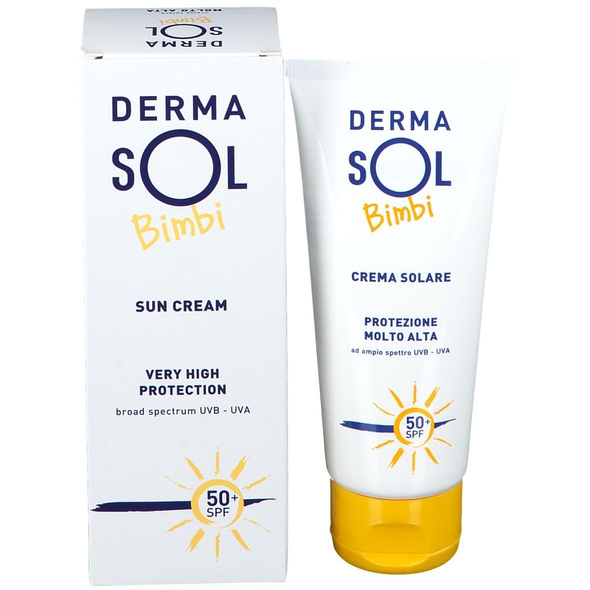 Tubo e scatola di crema solare. Scritta: DERMA SOL Bimbi, Sun Cream, protezione molto alta, fattore 50+.