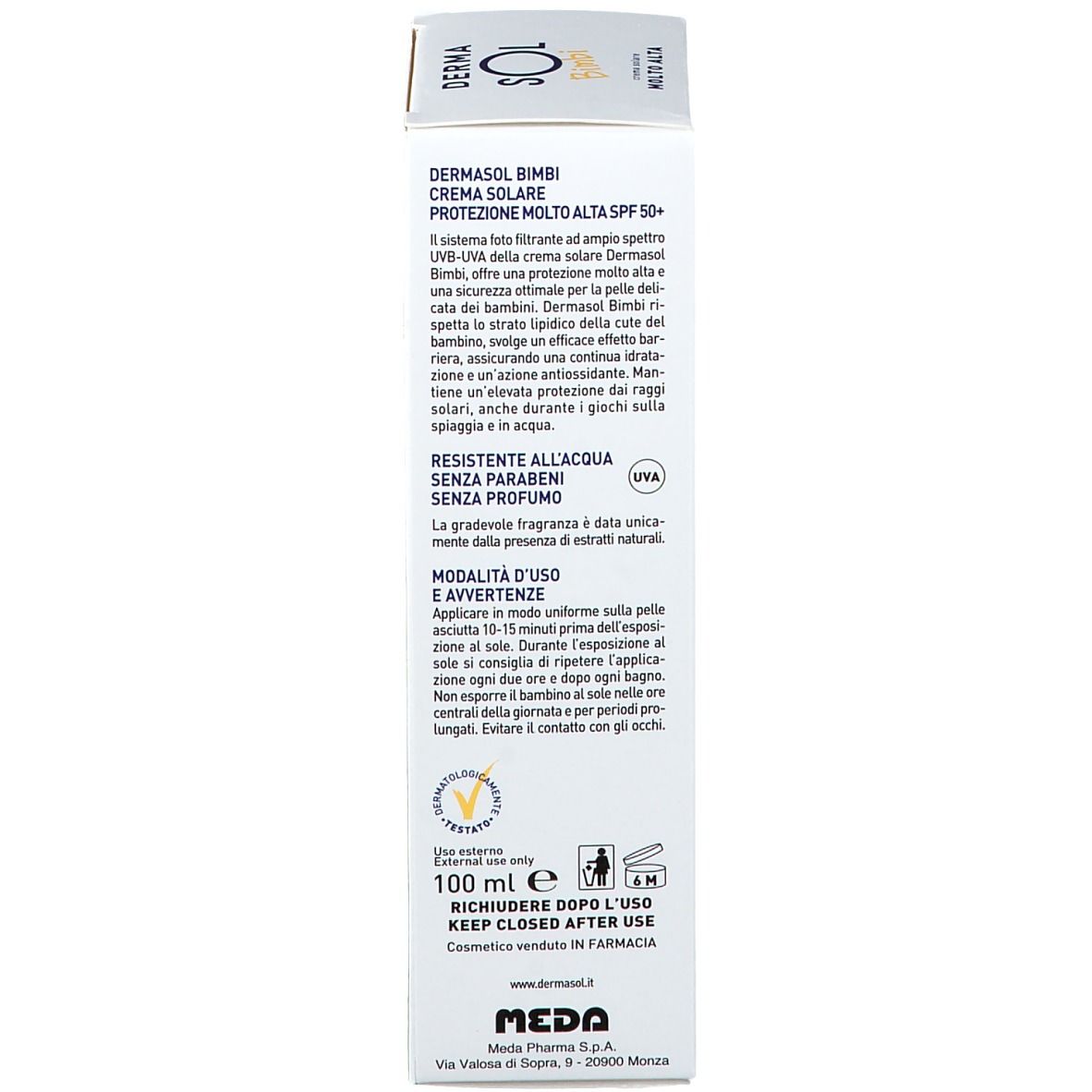 Retro della scatola di crema solare. Testo: DERMASOL Bimbi, Crema Solare, protezione 50+. Contiene informazioni e ingredienti.