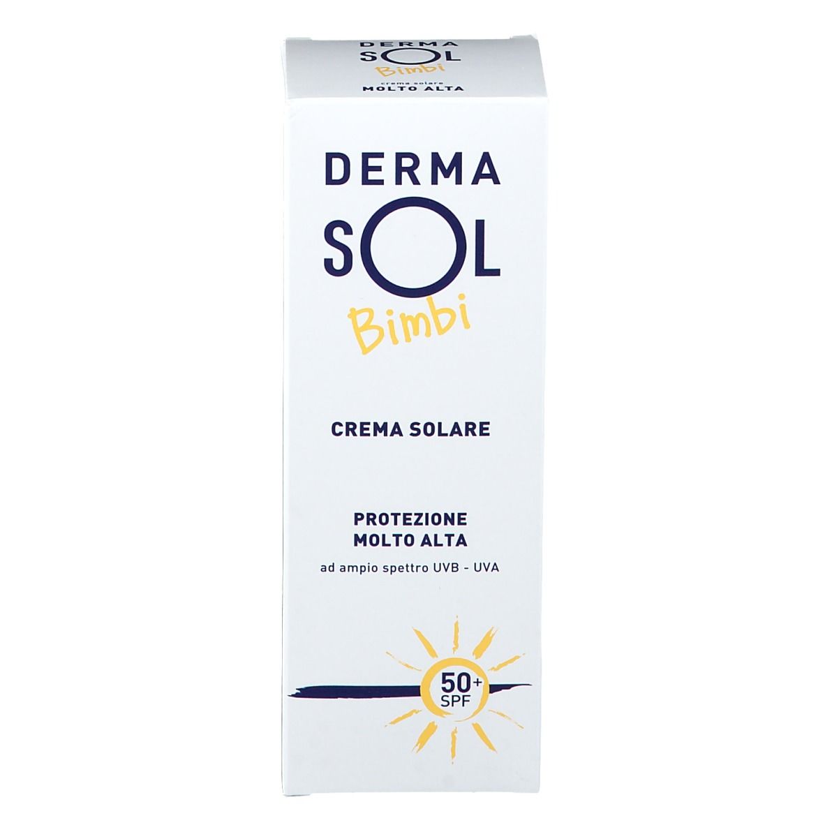 Fronte della scatola di crema solare. Scritta: DERMA SOL Bimbi, Crema Solare, protezione 50+.