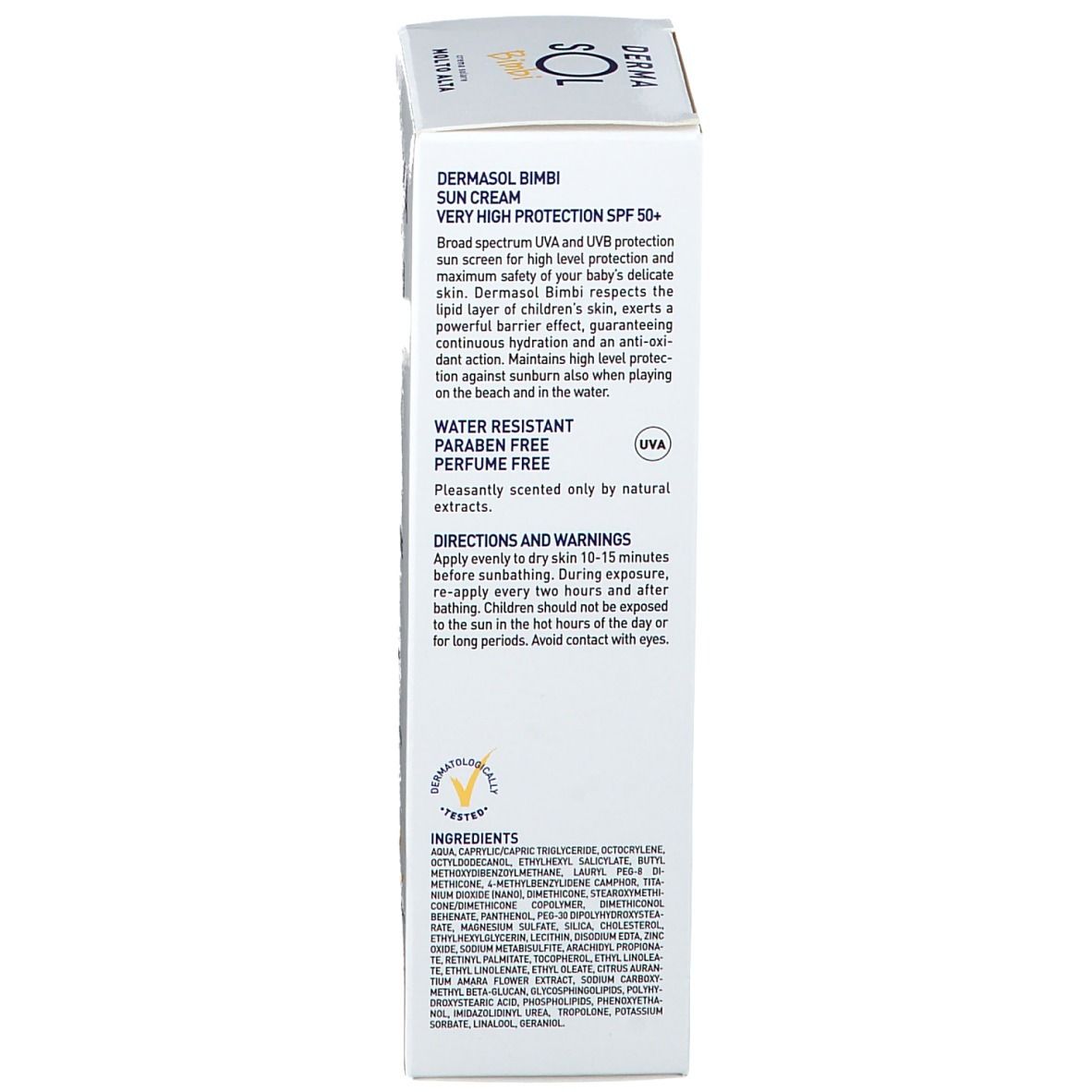 Lato della scatola di crema solare. Testo: DERMASOL Bimbi, Sun Cream, protezione molto alta, fattore 50+. Contiene ingredienti.