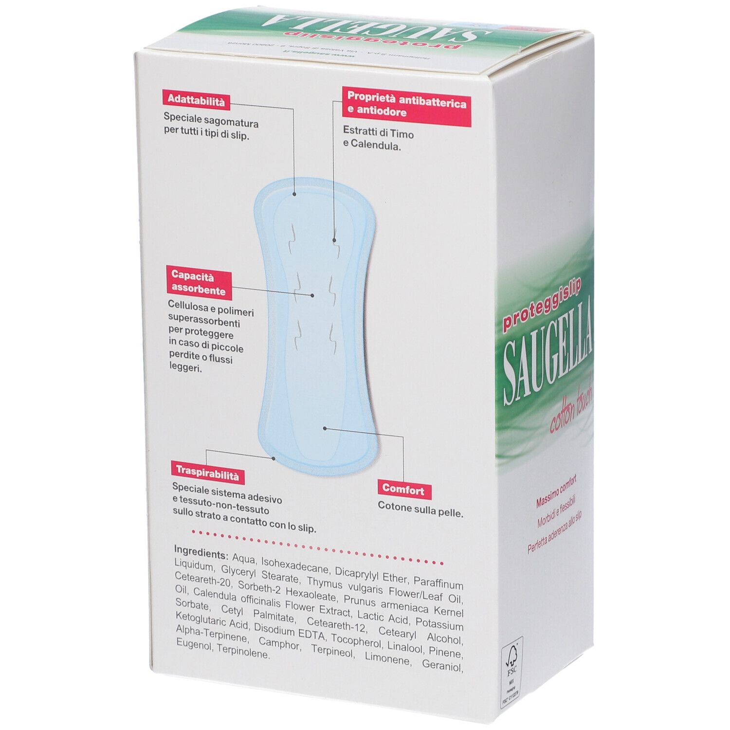 Rückseite der Saugella Cotton Touch Verpackung. Produktabbildung und Inhaltsstoffe.