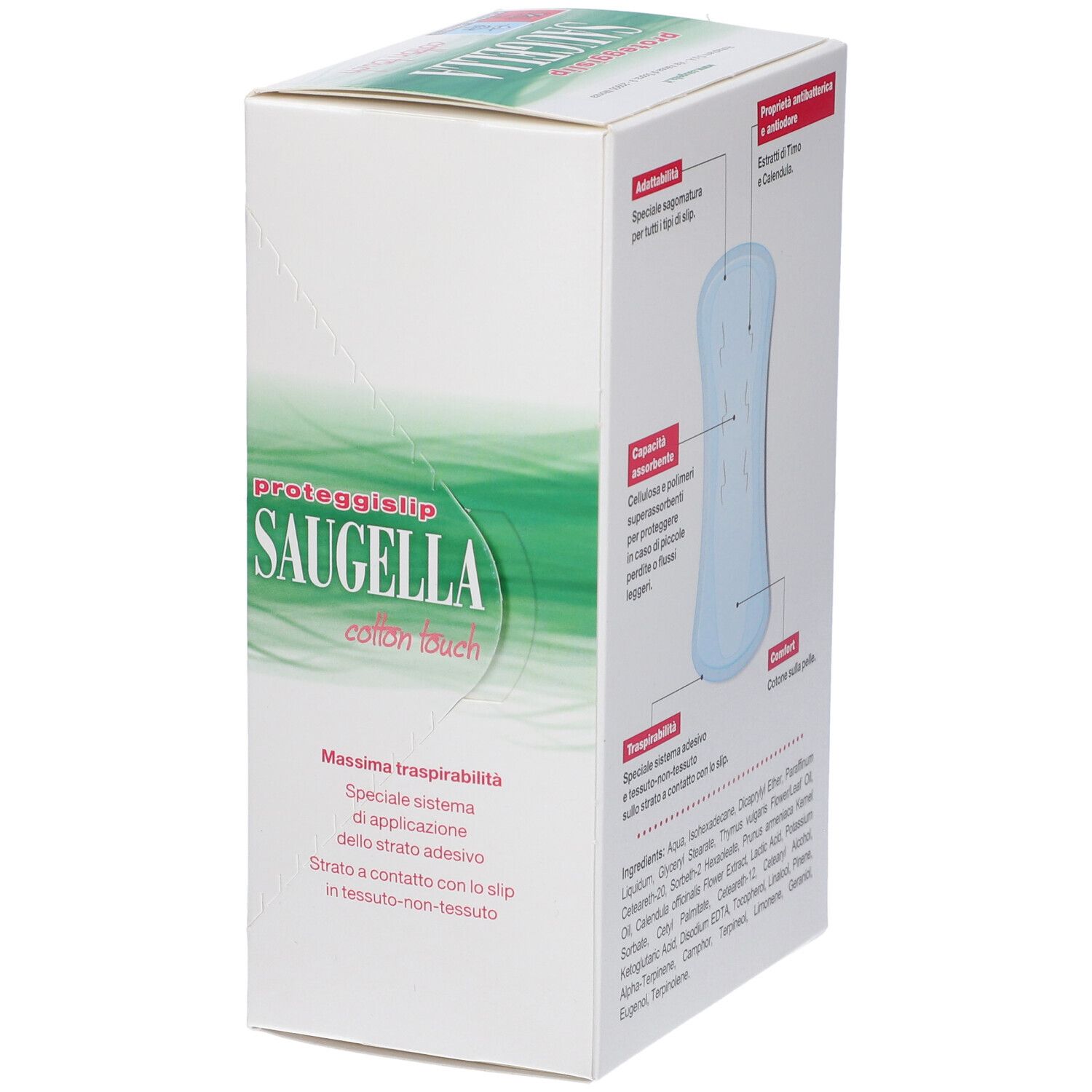 Saugella Cotton Touch Verpackung. Produktabbildung und Beschreibung. Perspektivische Ansicht.