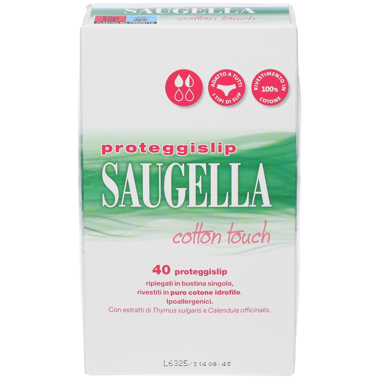 Vorderseite der Saugella Cotton Touch Verpackung. 40 proteggislip. Logo und Produktbezeichnung.