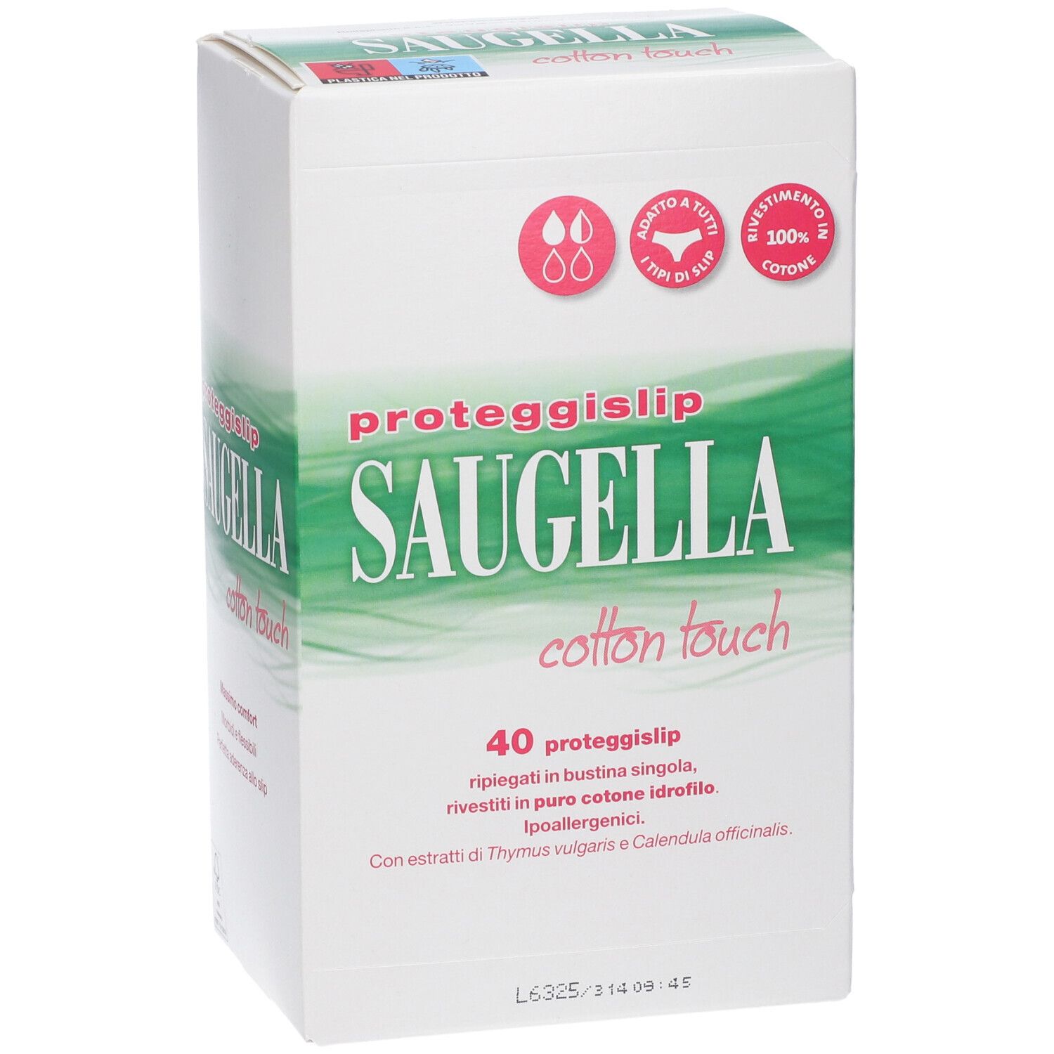 Saugella Cotton Touch Verpackung. 40 proteggislip. Logo und Produktbezeichnung. Nahaufnahme.