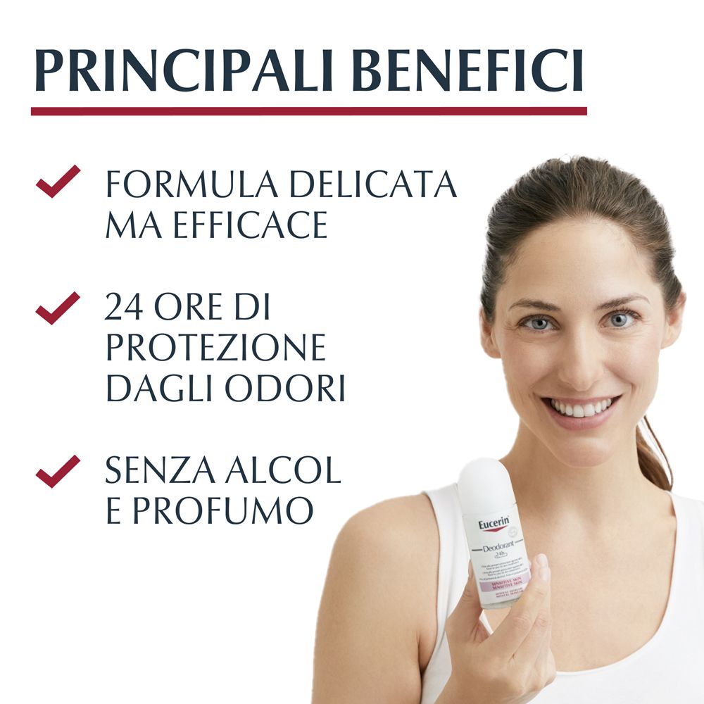 Donna tiene roll-on deodorante Eucerin. Testo: Formula delicata, protezione 24h, senza alcool e profumo. Benefici principali.
