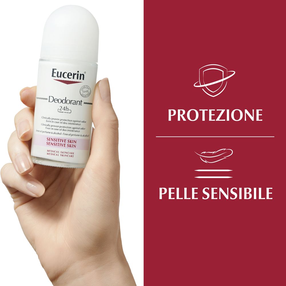Mano tiene roll-on deodorante Eucerin. Testo: Protezione, pelle sensibile. Cura medica della pelle. Senza alcool.
