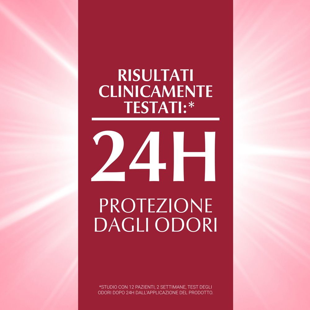Testo su sfondo rosso: Risultati clinicamente testati: protezione 24h dagli odori. Studio con 12 pazienti.