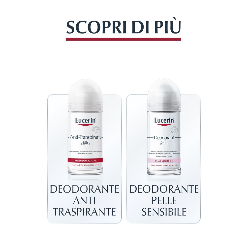Due roll-on deodoranti Eucerin. Sinistra: Anti-traspirante. Destra: Per pelli sensibili. Testo: Scopri di più.