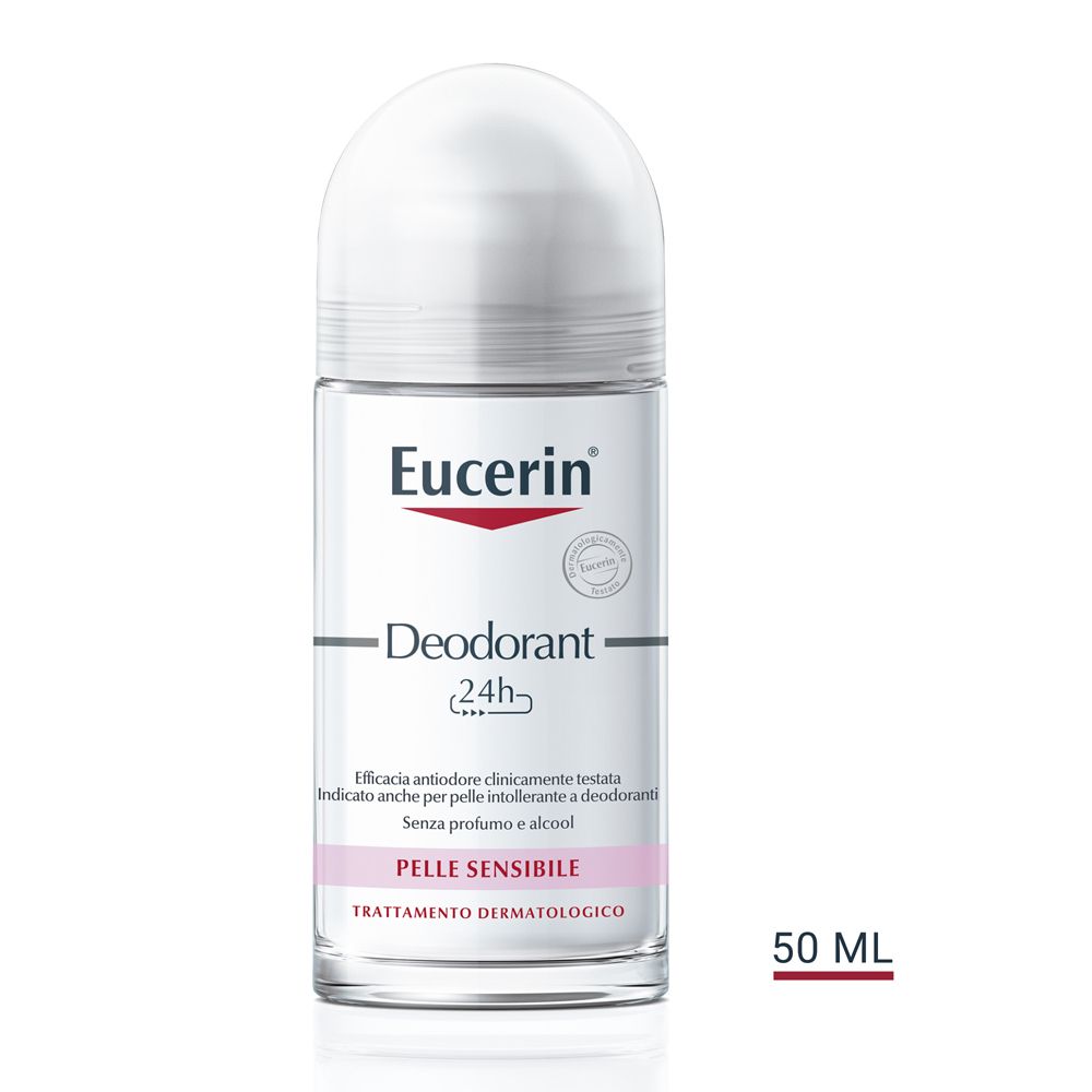 Roll-on deodorante Eucerin, flacone bianco con scritte rosse e nere. Per pelli sensibili. 50 ml.