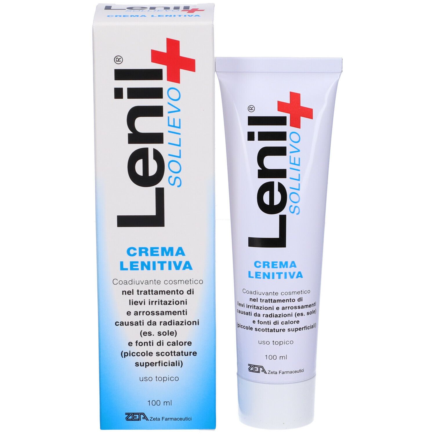 Confezione del prodotto con tubo e scatola. Entrambi mostrano il nome del prodotto Lenil Sollievo+ Crema Lenitiva. Testo in italiano.