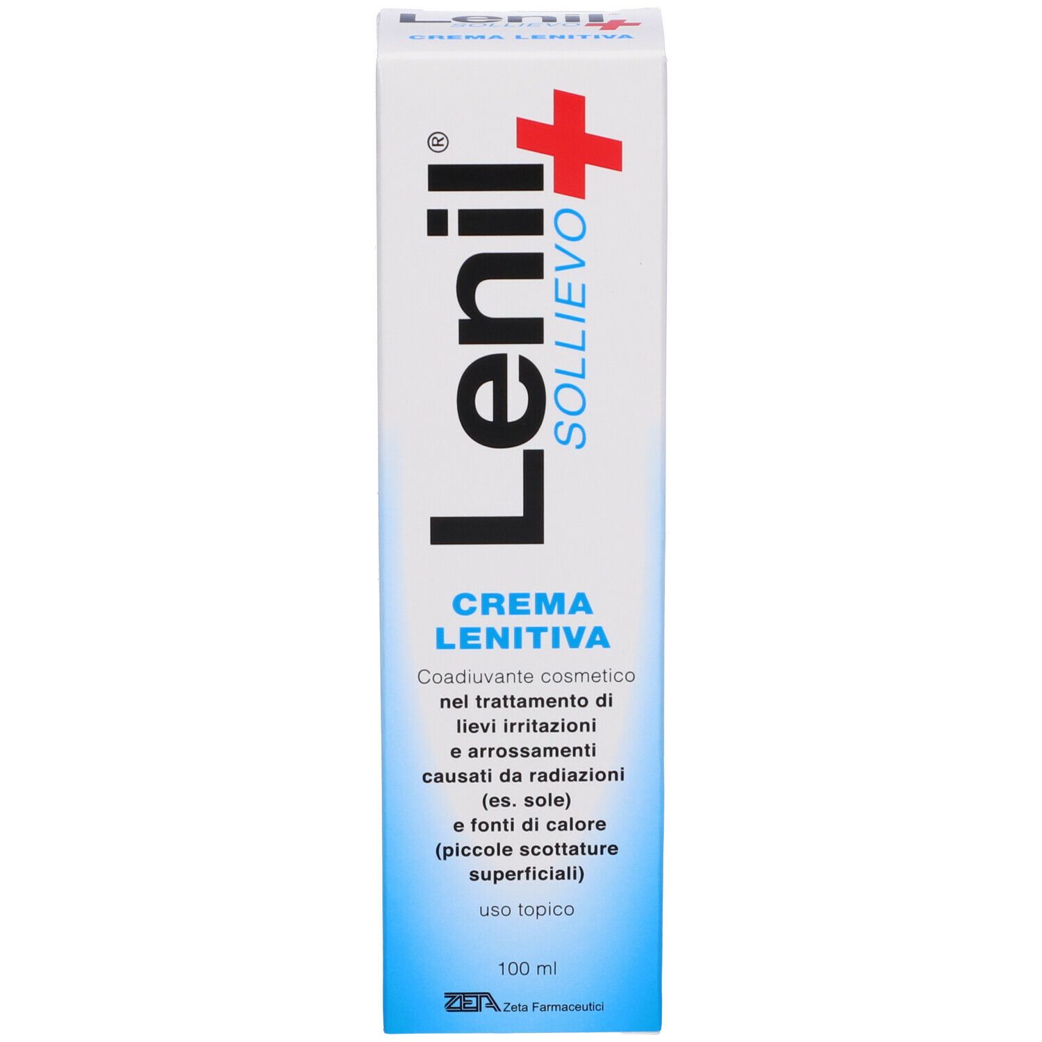 Scatola bianca con stampa blu e rossa. Nome del prodotto: Lenil Sollievo+ Crema Lenitiva. Testo in italiano.