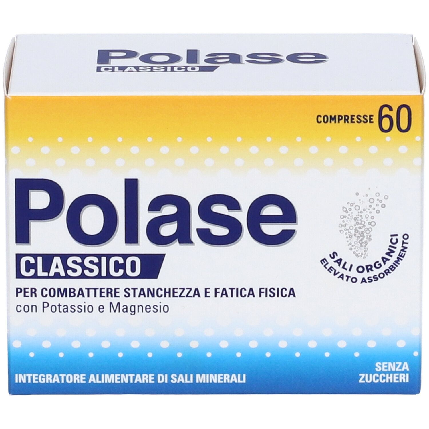 Polase Classico, 60 compresse. Scatola bianca con design giallo e blu. Contiene potassio e magnesio. Dettagli sulla confezione.