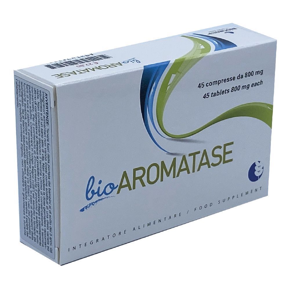 Scatola di 'bioAROMATASE'. Contiene 45 compresse. Elementi di design blu e verdi. 'Integratore Alimentare' in basso.