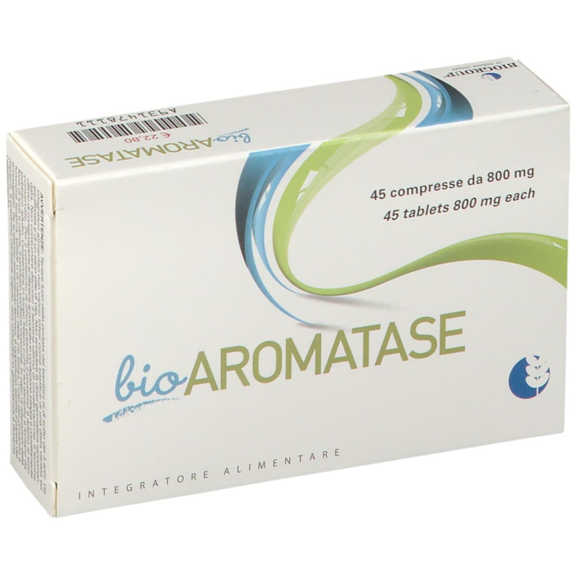 Scatola di 'bioAROMATASE'. Contiene 45 compresse. Elementi di design blu e verdi. 'Integratore Alimentare' in basso.