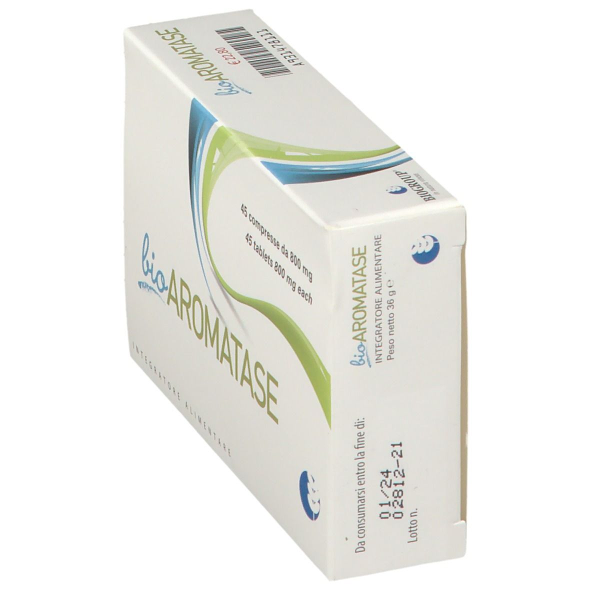 Scatola di 'bioAROMATASE'. Contiene 45 compresse. Elementi di design blu e verdi. 'Integratore Alimentare' in basso.