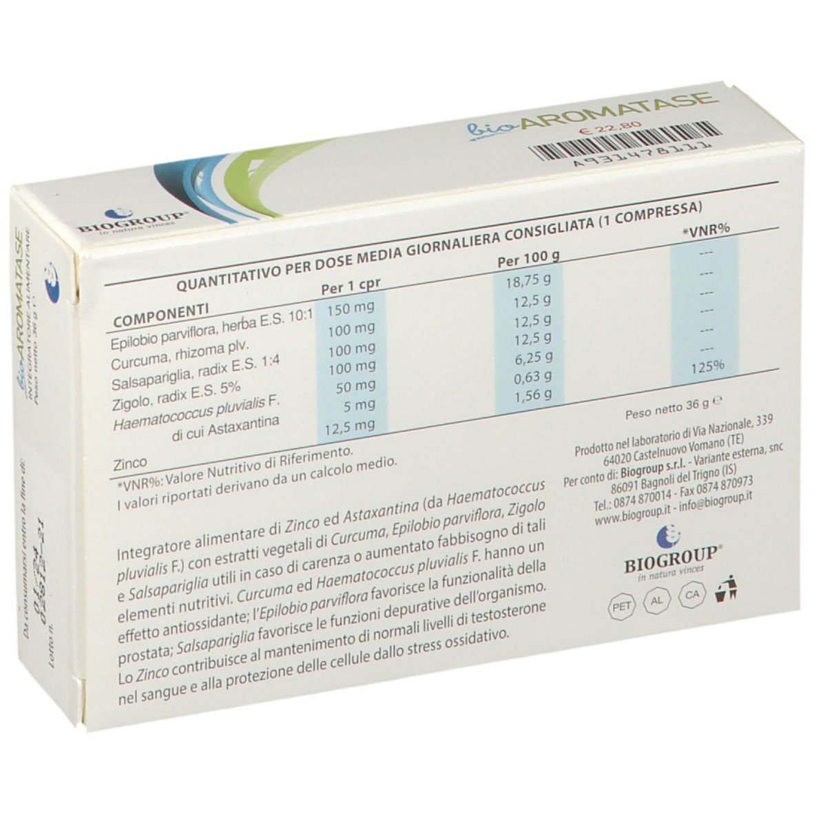 Scatola di 'bioAROMATASE'. Contiene 45 compresse. Elementi di design blu e verdi. 'Integratore Alimentare' in basso.