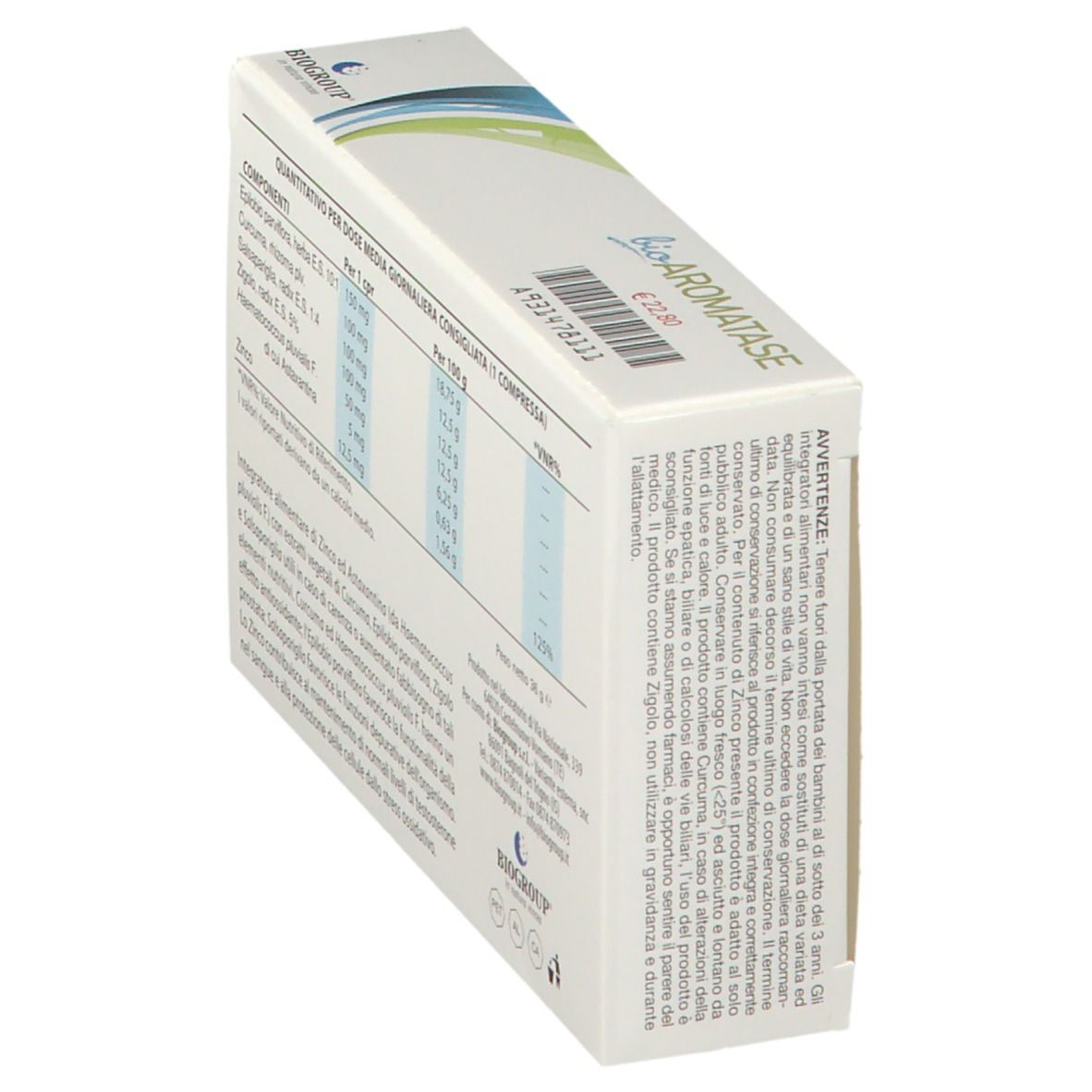 Scatola di 'bioAROMATASE'. Contiene 45 compresse. Elementi di design blu e verdi. 'Integratore Alimentare' in basso.