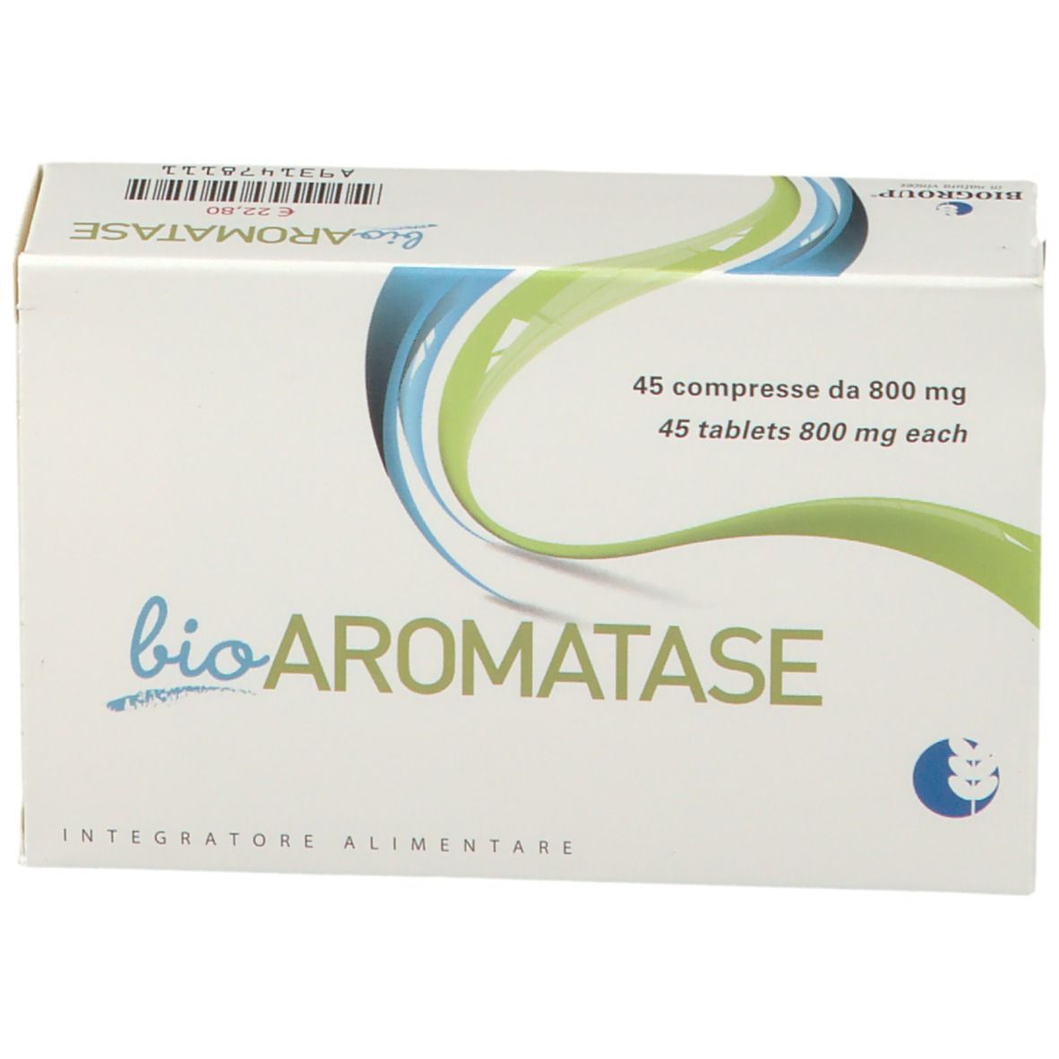 Scatola di 'bioAROMATASE'. Contiene 45 compresse. Elementi di design blu e verdi. 'Integratore Alimentare' in basso.