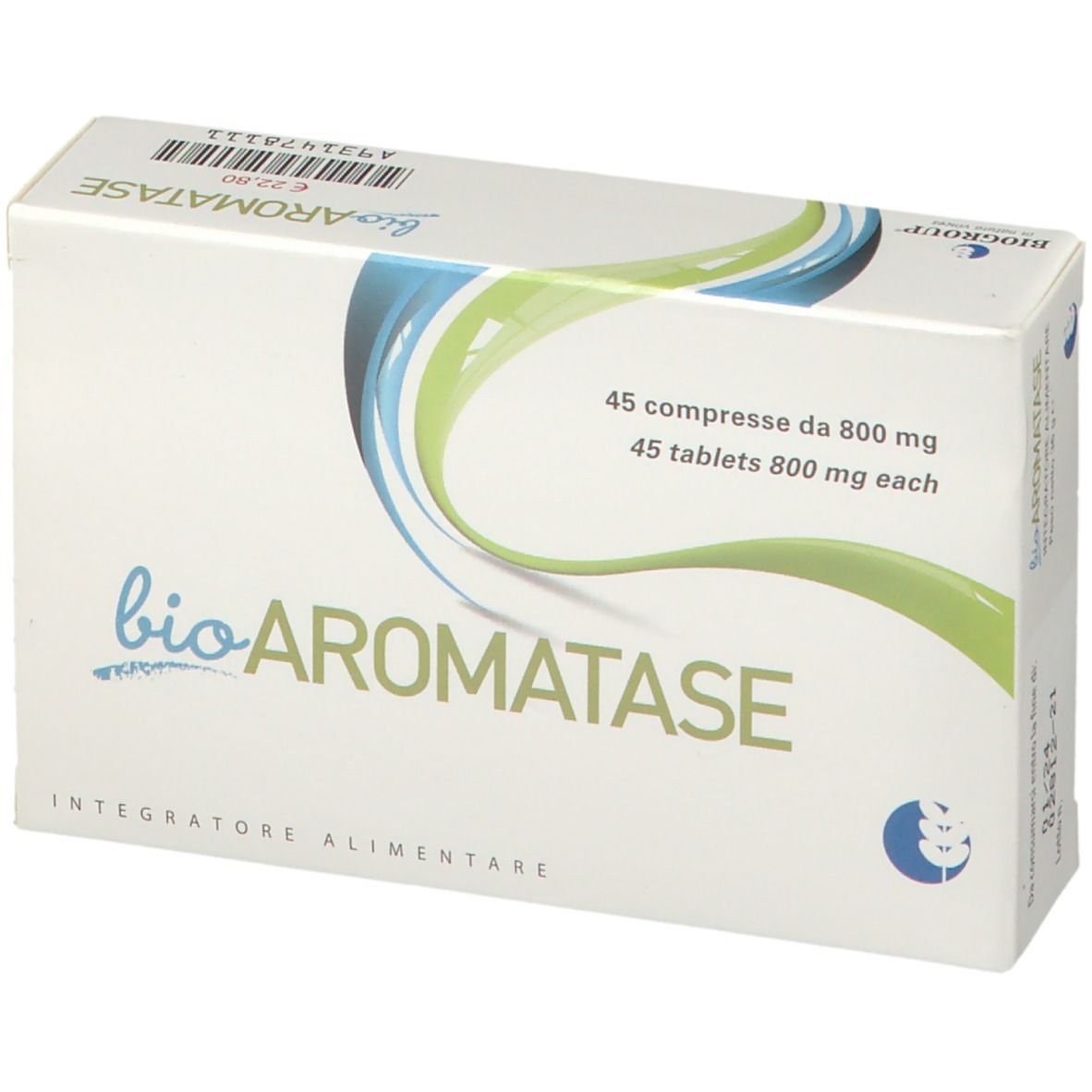 Scatola di 'bioAROMATASE'. Contiene 45 compresse. Elementi di design blu e verdi. 'Integratore Alimentare' in basso.