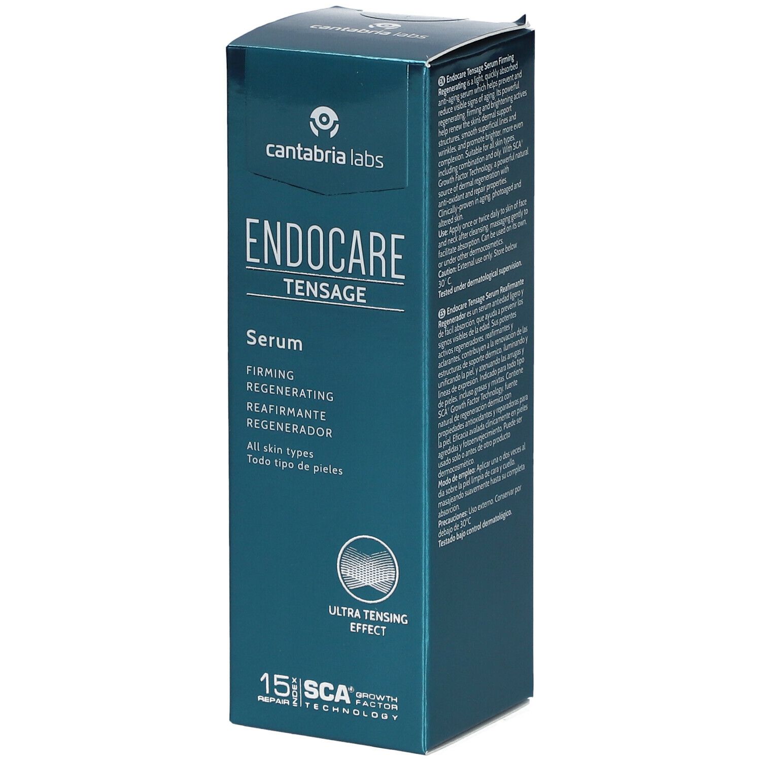 Emballage carton pour ENDOCARE TENSAGE Serum. Couleur bleu-vert. Texte: Serum, Firming, Regenerating, Reafirmante, Regenerador.