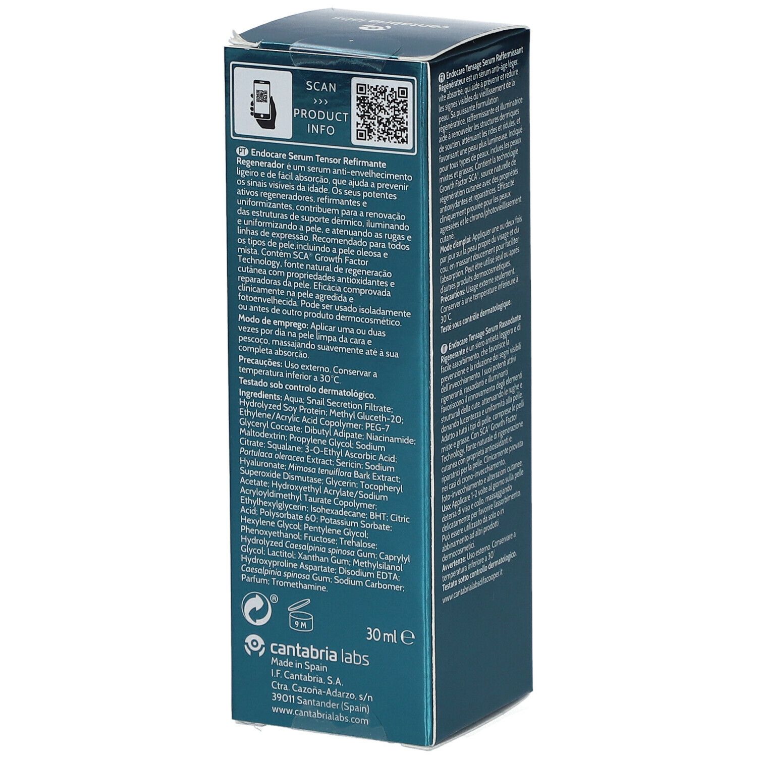 Côté de l'emballage carton pour ENDOCARE TENSAGE Serum. Contient un code QR et des informations sur le produit. Texte multilingue.