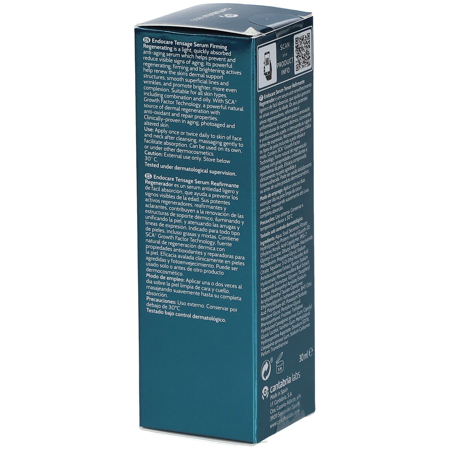 Côté de l'emballage carton pour ENDOCARE TENSAGE Serum. Texte multilingue. Contient des informations d'utilisation.