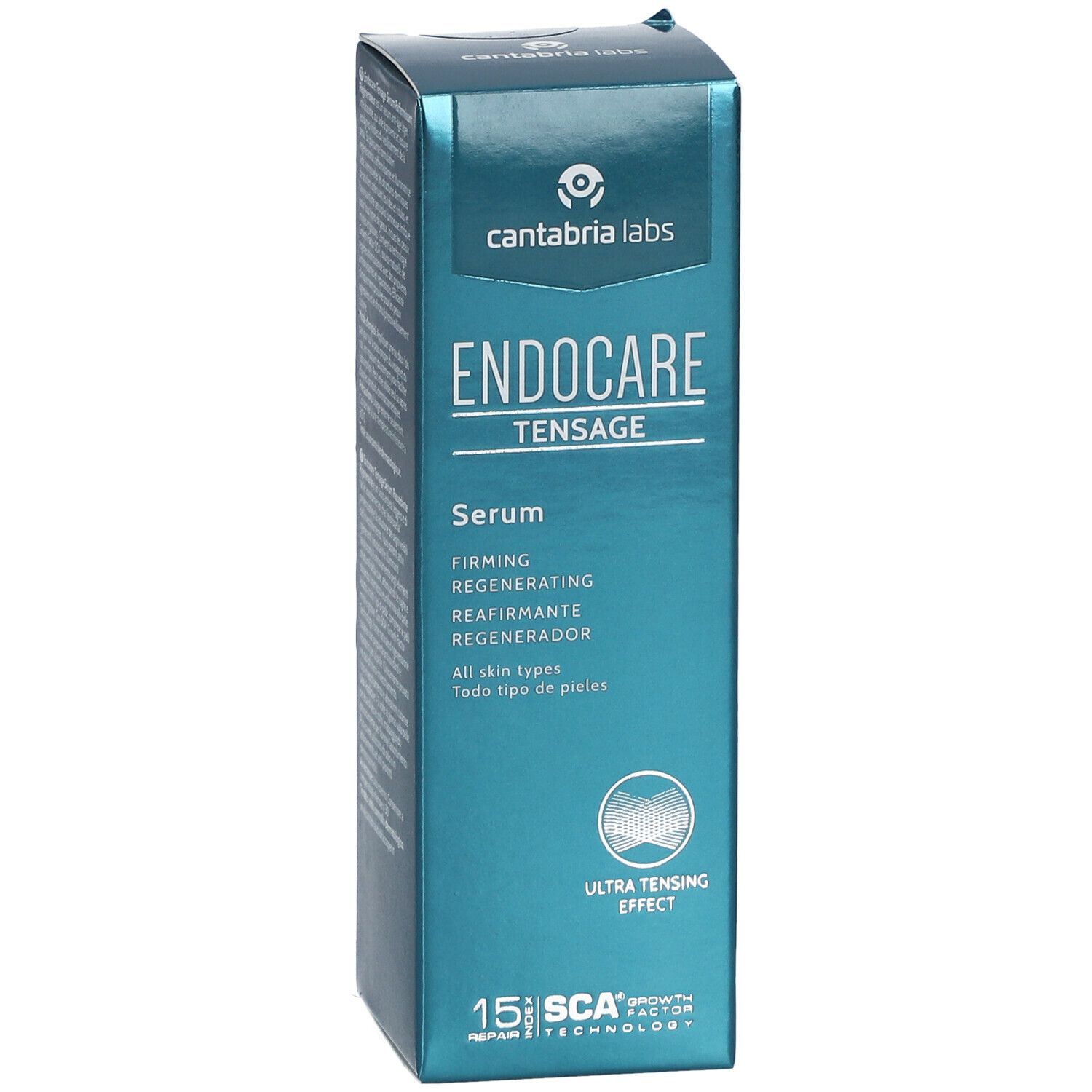 Emballage carton pour ENDOCARE TENSAGE Serum. Couleur bleu-vert. Texte: Serum, Firming, Regenerating, Reafirmante, Regenerador.
