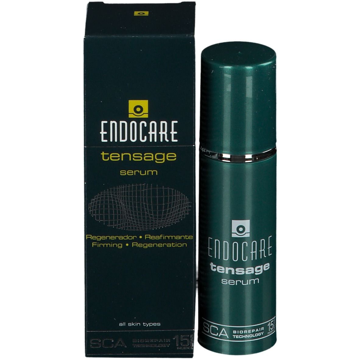 ENDOCARE TENSAGE Serum et emballage. Flacon et boîte verts et noirs. Texte: Serum, Regenerador, Firming.
