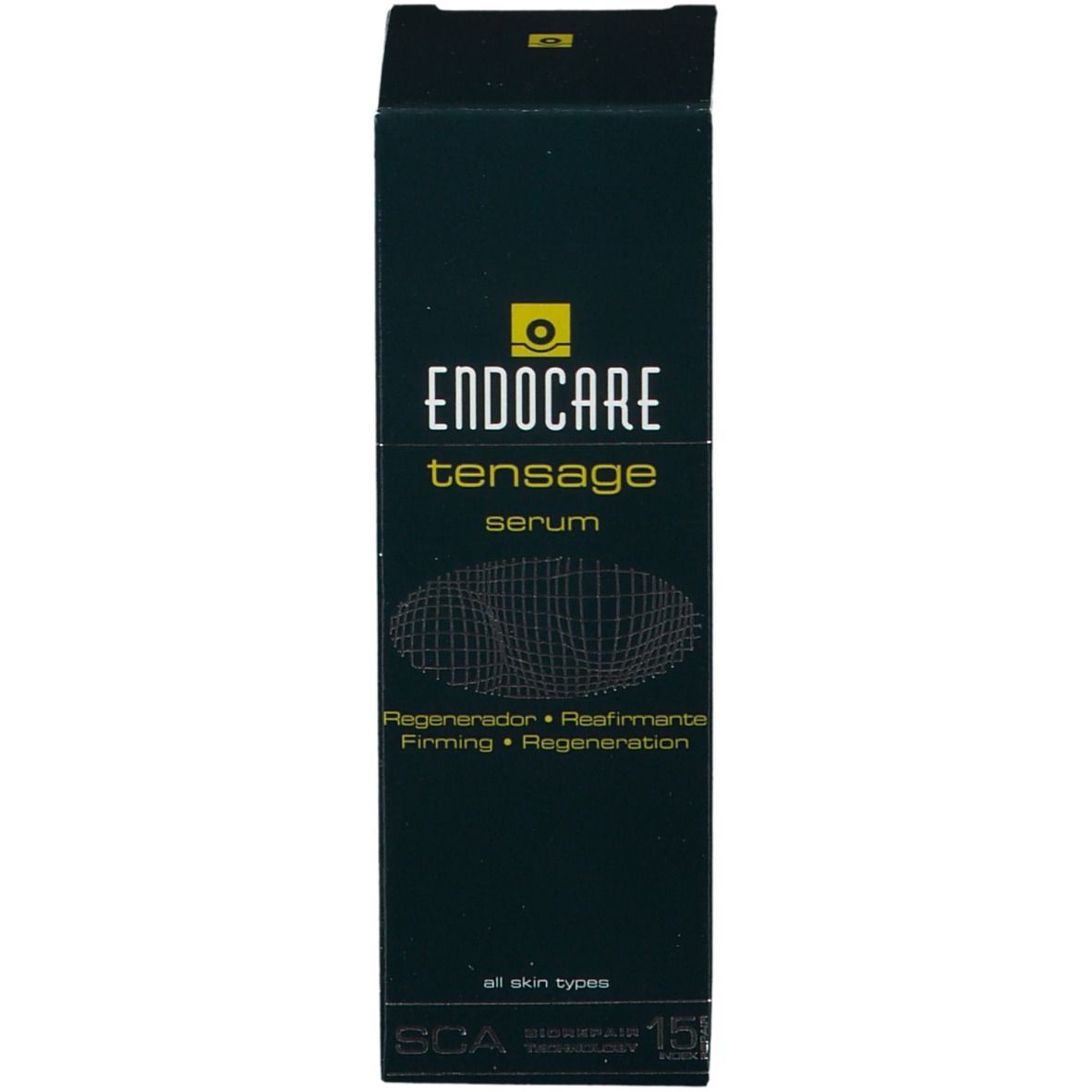 Emballage pour ENDOCARE TENSAGE Serum. Boîte noire avec des accents verts. Texte: Serum, Regenerador, Firming.