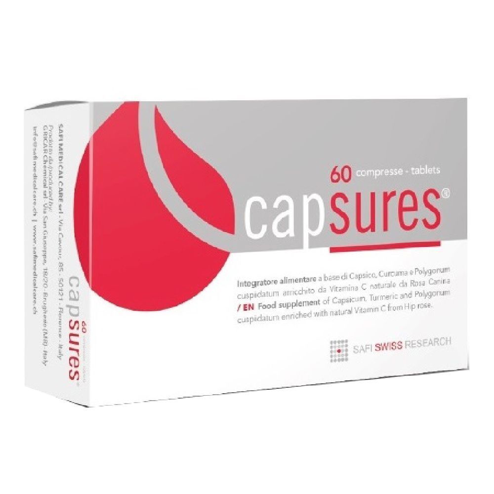 Scatola di compresse "capsures". Grafica goccia rossa. 60 compresse. Safi Swiss Research.