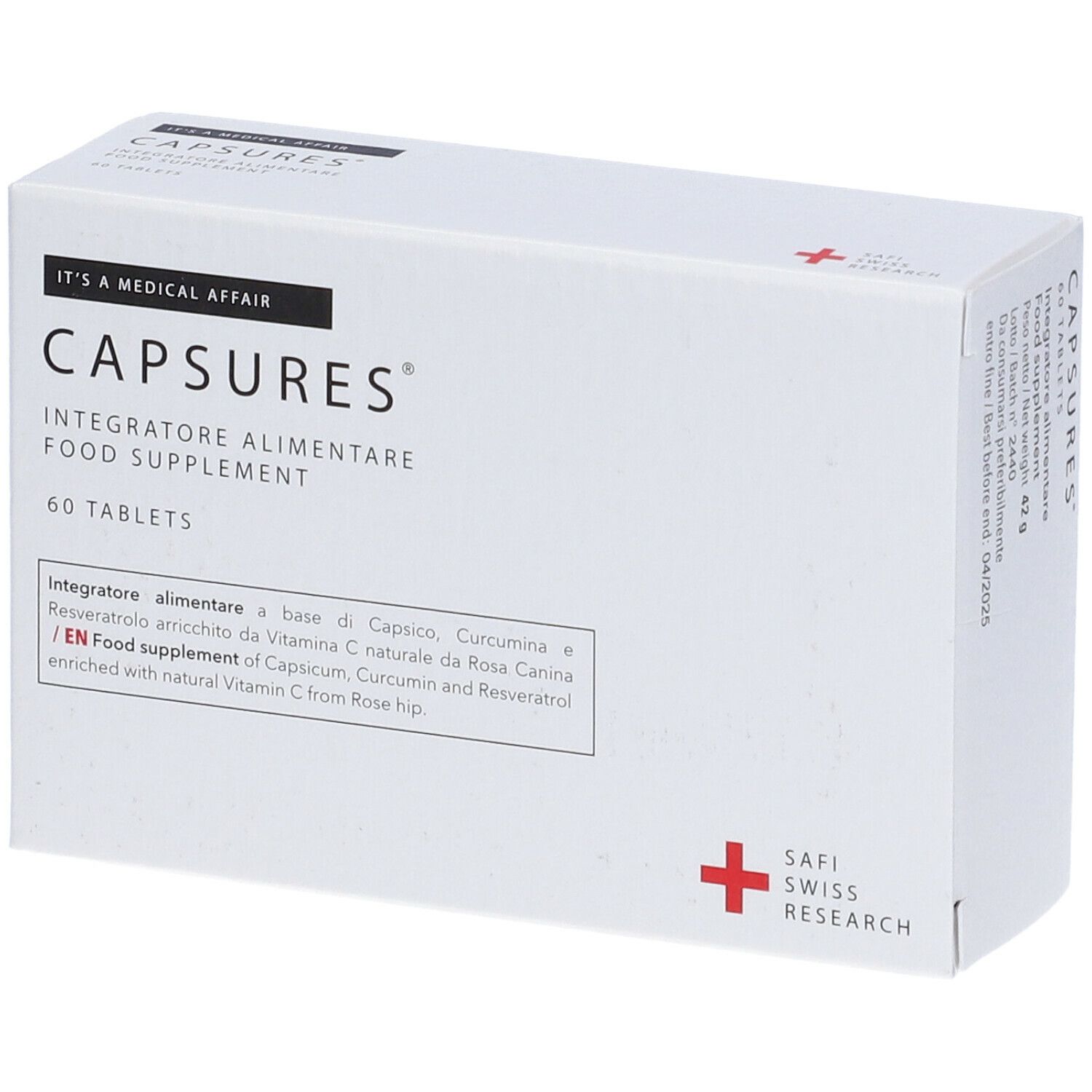 Scatola bianca di compresse "capsures". 60 compresse. Safi Swiss Research. Croce rossa.