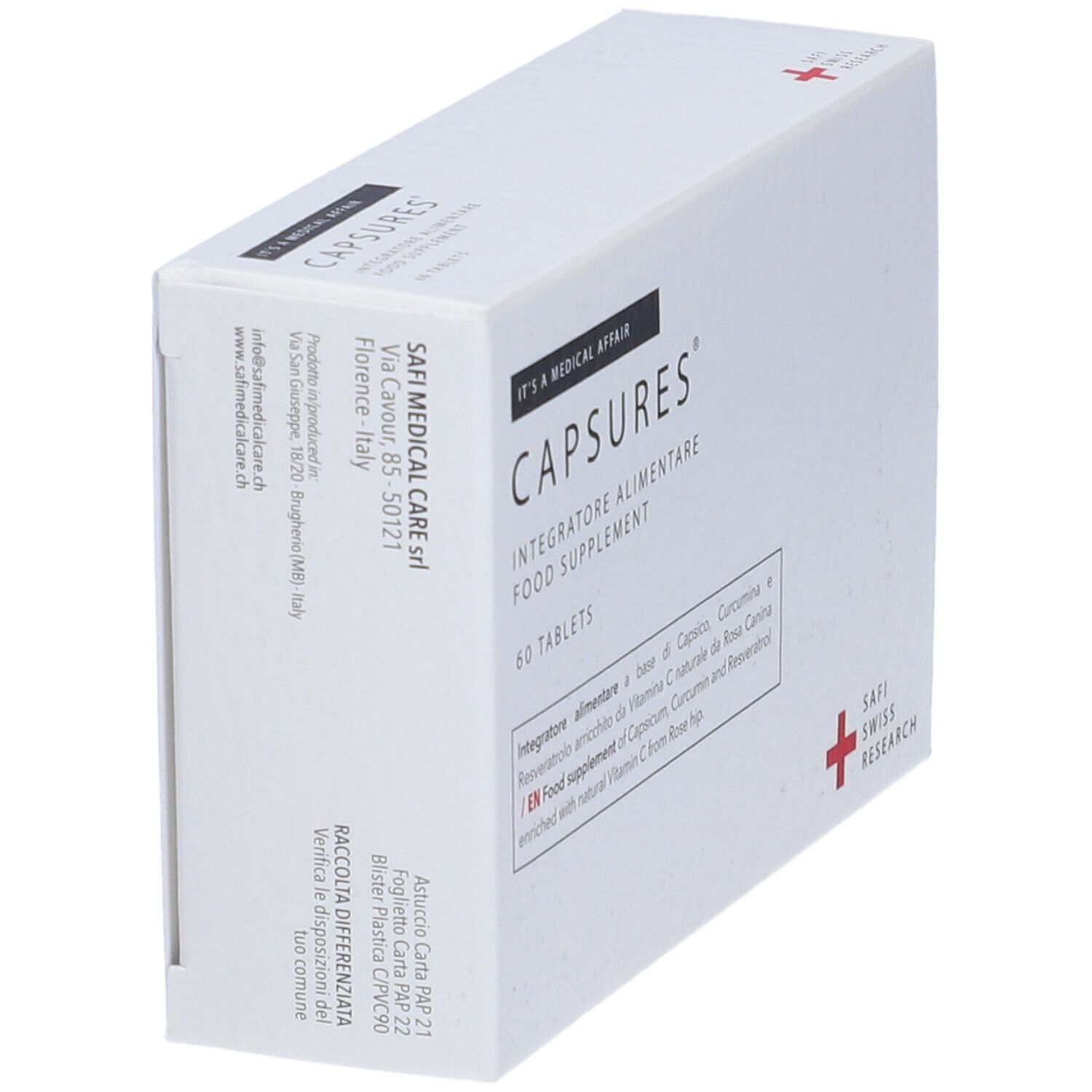 Scatola bianca di compresse "capsures". 60 compresse. Safi Swiss Research. Croce rossa.