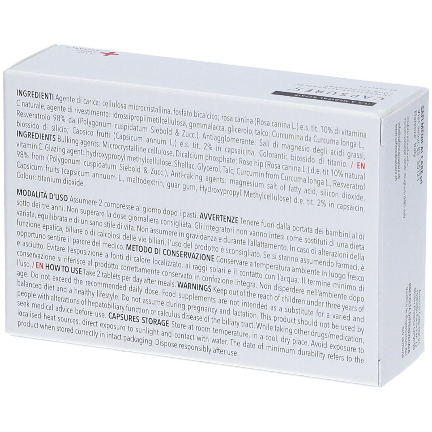 Retro della scatola di compresse "capsures". Testo con ingredienti e istruzioni per l'uso.