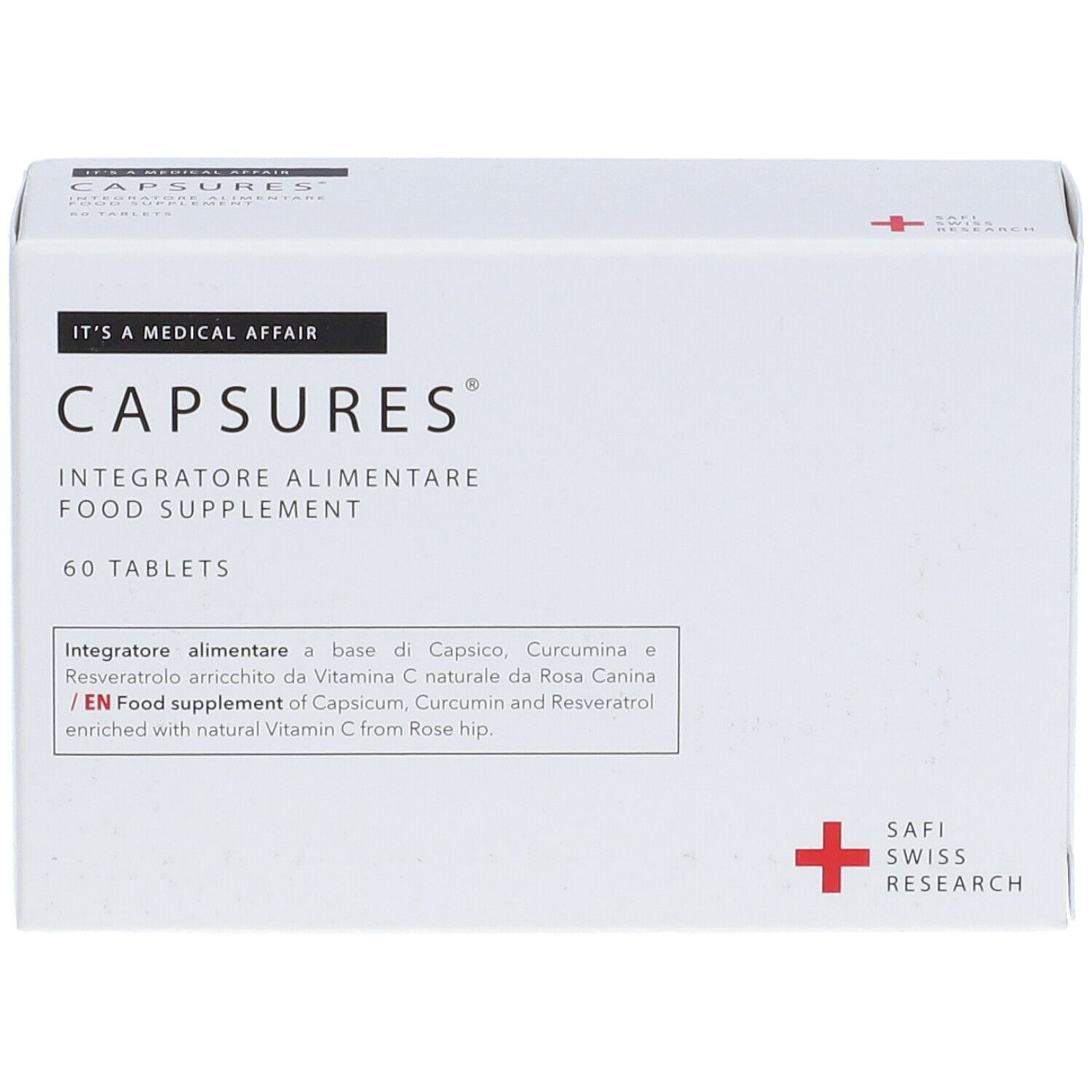 Scatola bianca di compresse "capsures". 60 compresse. Safi Swiss Research. Croce rossa.