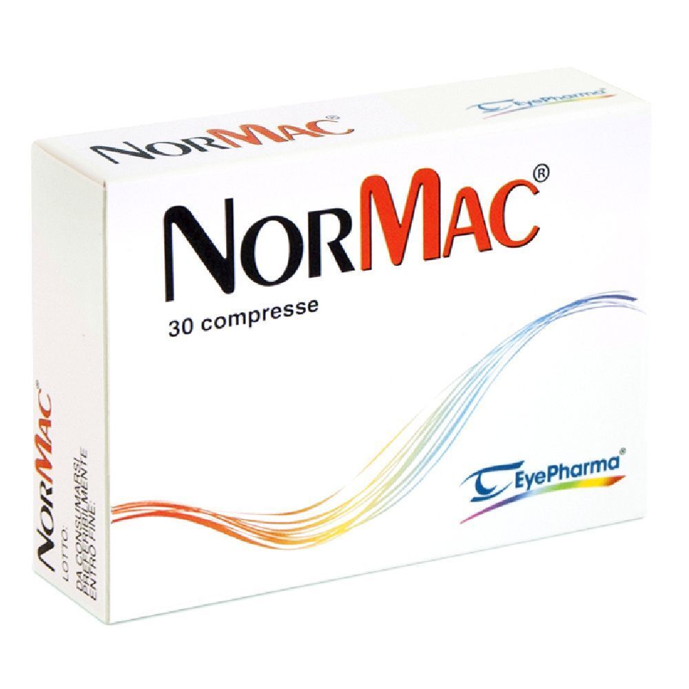 Scatola bianca con logo "NorMac" e testo "30 compresse". Logo EyePharma in basso a destra.