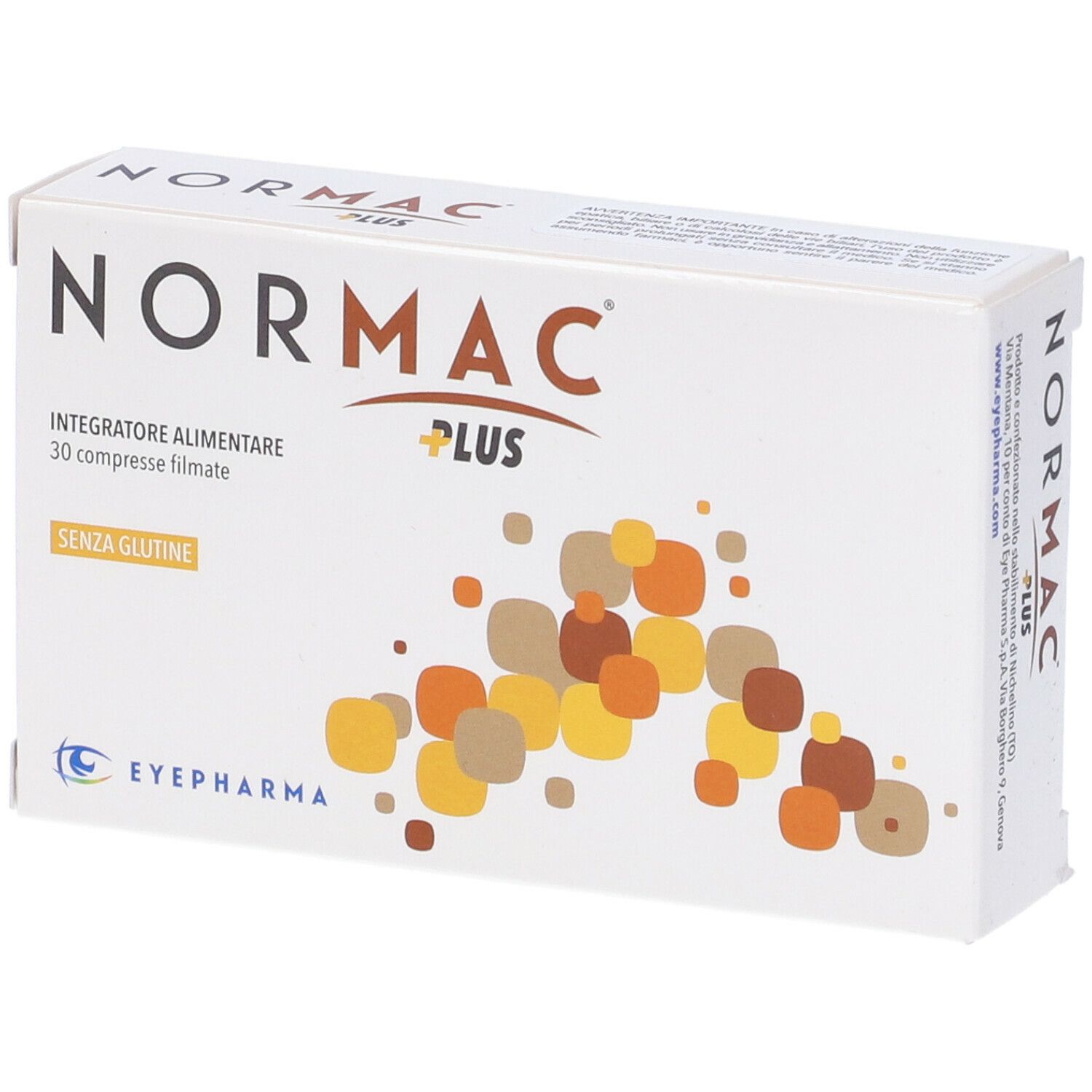 Scatola bianca con logo "NorMac Plus", "Integratore alimentare" e "30 compresse filmate". Logo EyePharma.