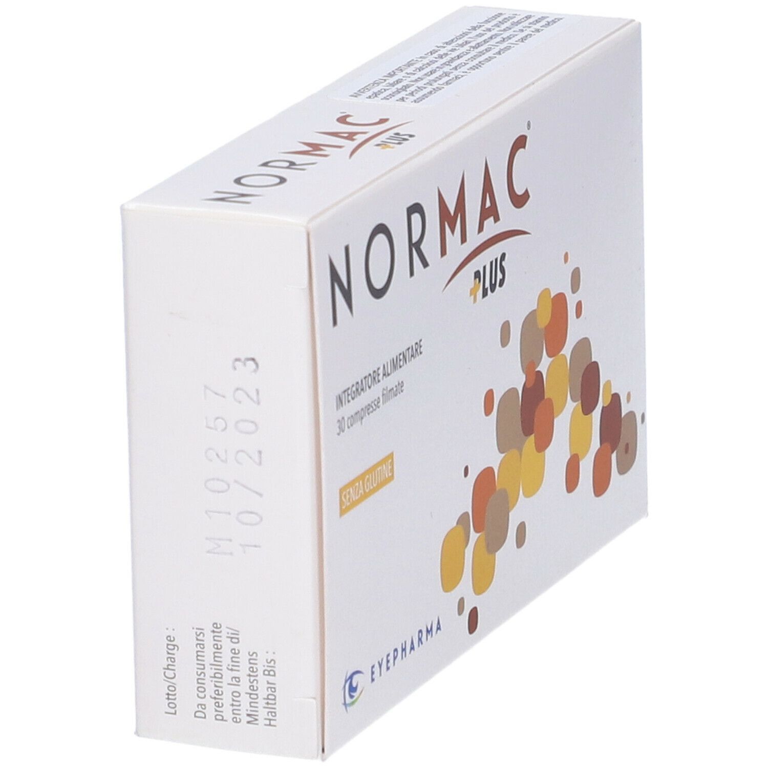 Scatola con logo "NorMac Plus", "Integratore alimentare" e "30 compresse filmate". Testo e logo EyePharma.