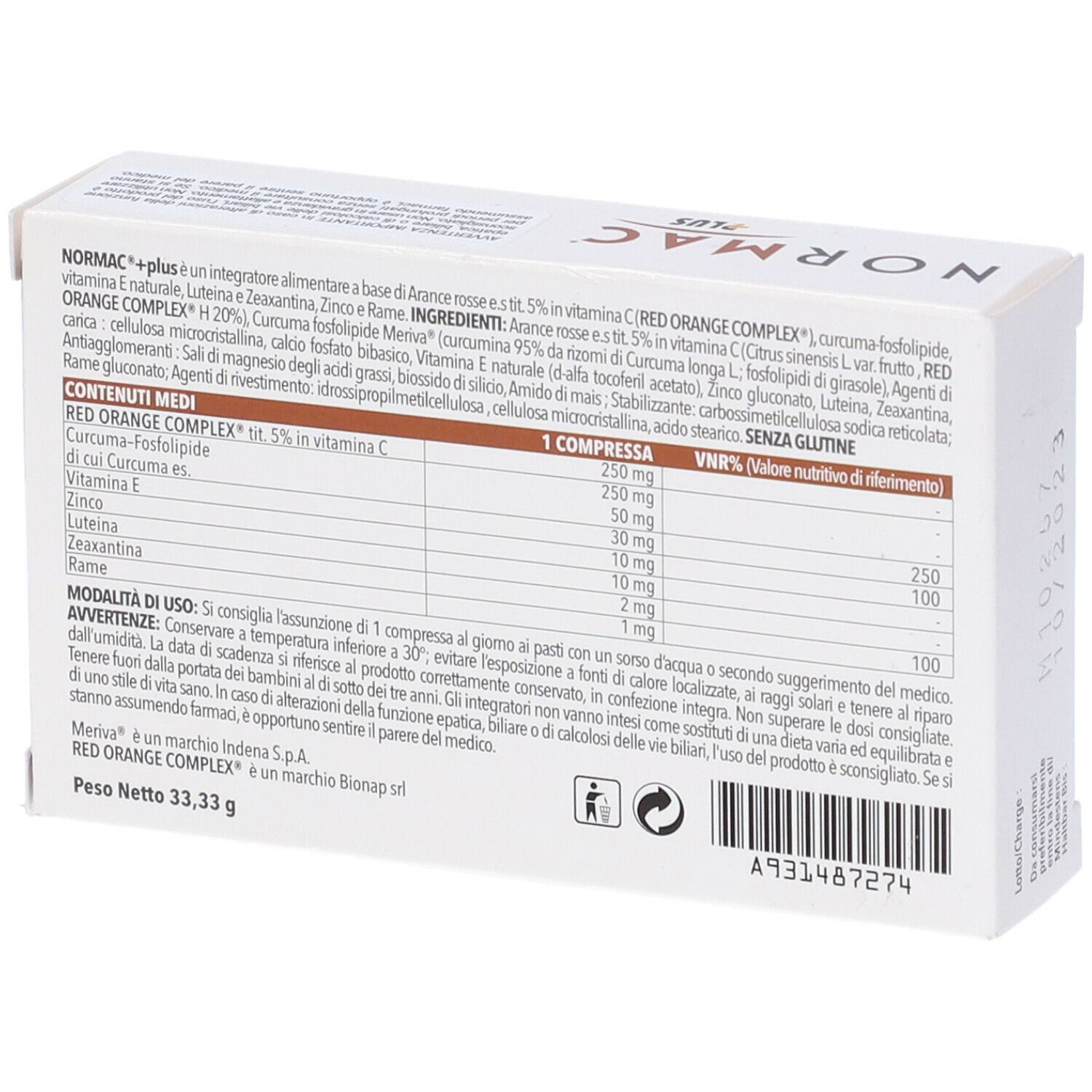 Scatola con logo "NorMac Plus". Retro con ingredienti e valori nutrizionali. Logo EyePharma.