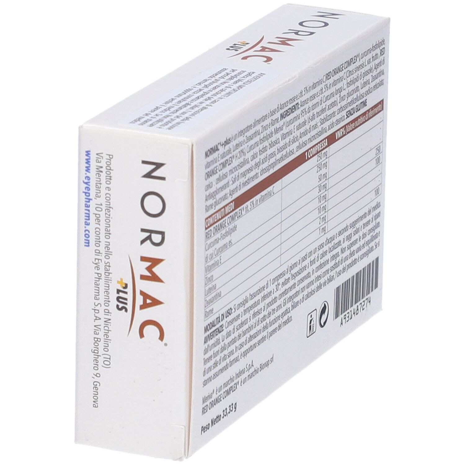 Scatola con logo "NorMac Plus". Retro con ingredienti e valori nutrizionali. Logo EyePharma.