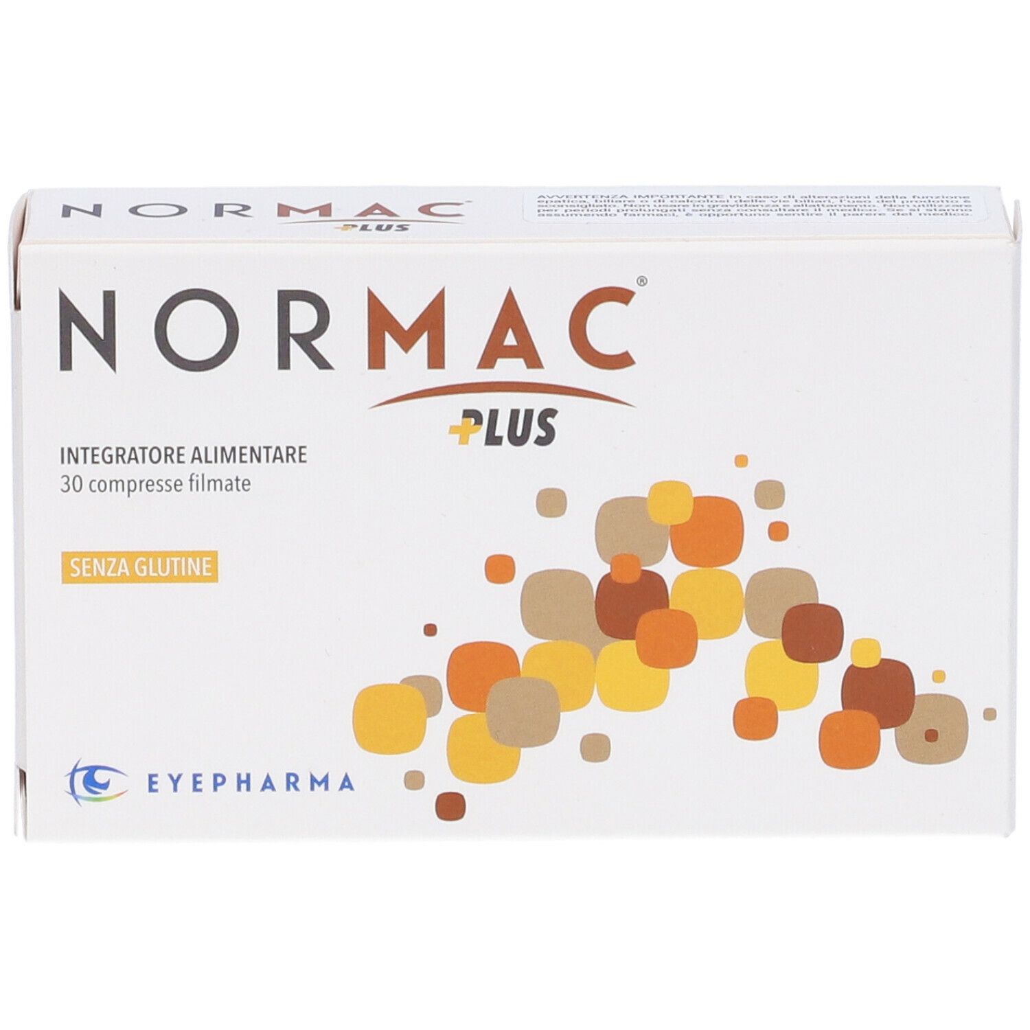 Scatola bianca con logo "NorMac Plus", "Integratore alimentare" e "30 compresse filmate". Logo EyePharma.