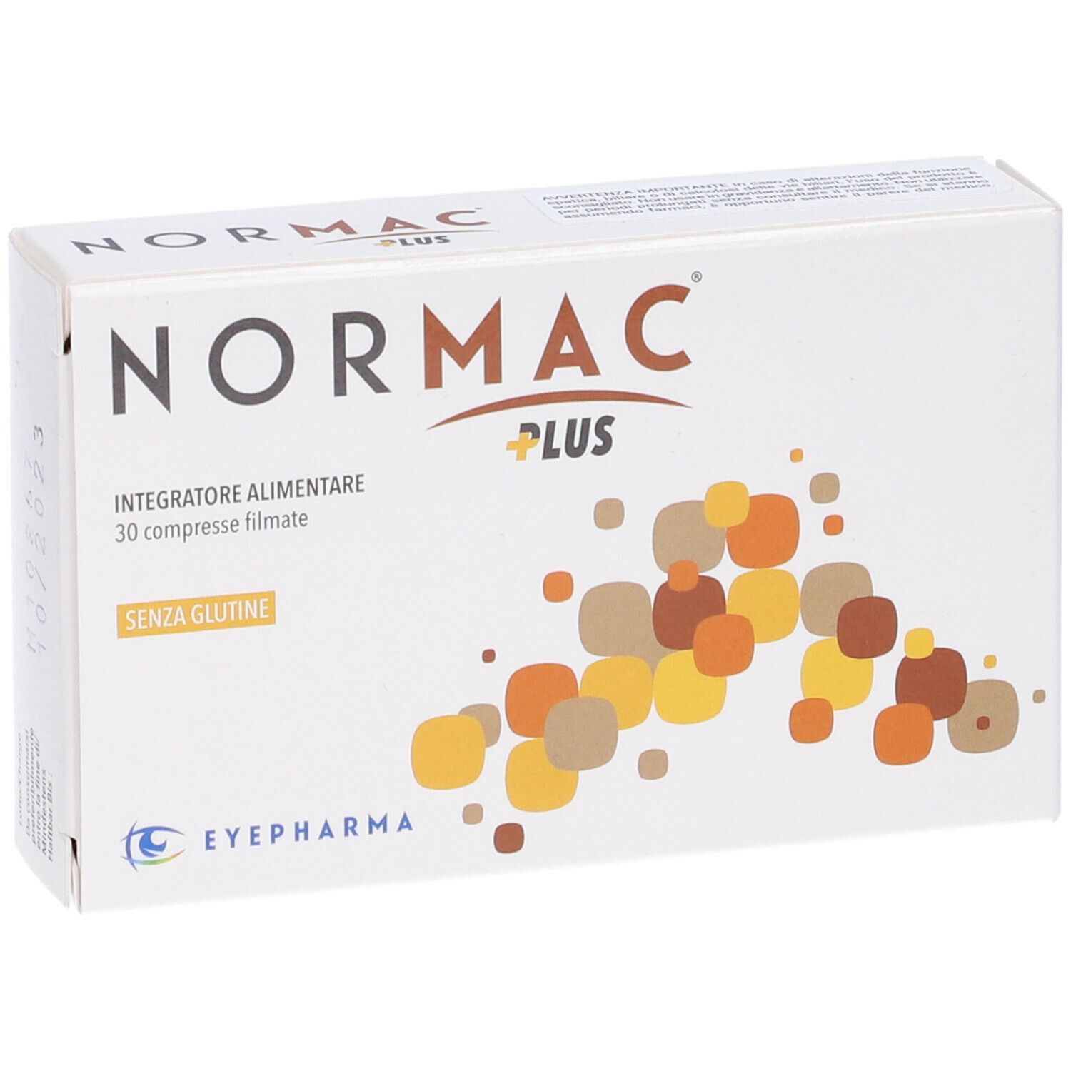 Scatola bianca con logo "NorMac Plus", "Integratore alimentare" e "30 compresse filmate". Logo EyePharma.