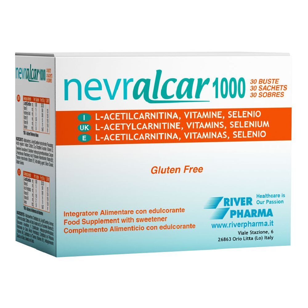 Karton mit Nevralcar 1000. Enthält 30 Beutel. Text: L-Acetylcarnitin, Vitamine, Selen. Glutenfrei.