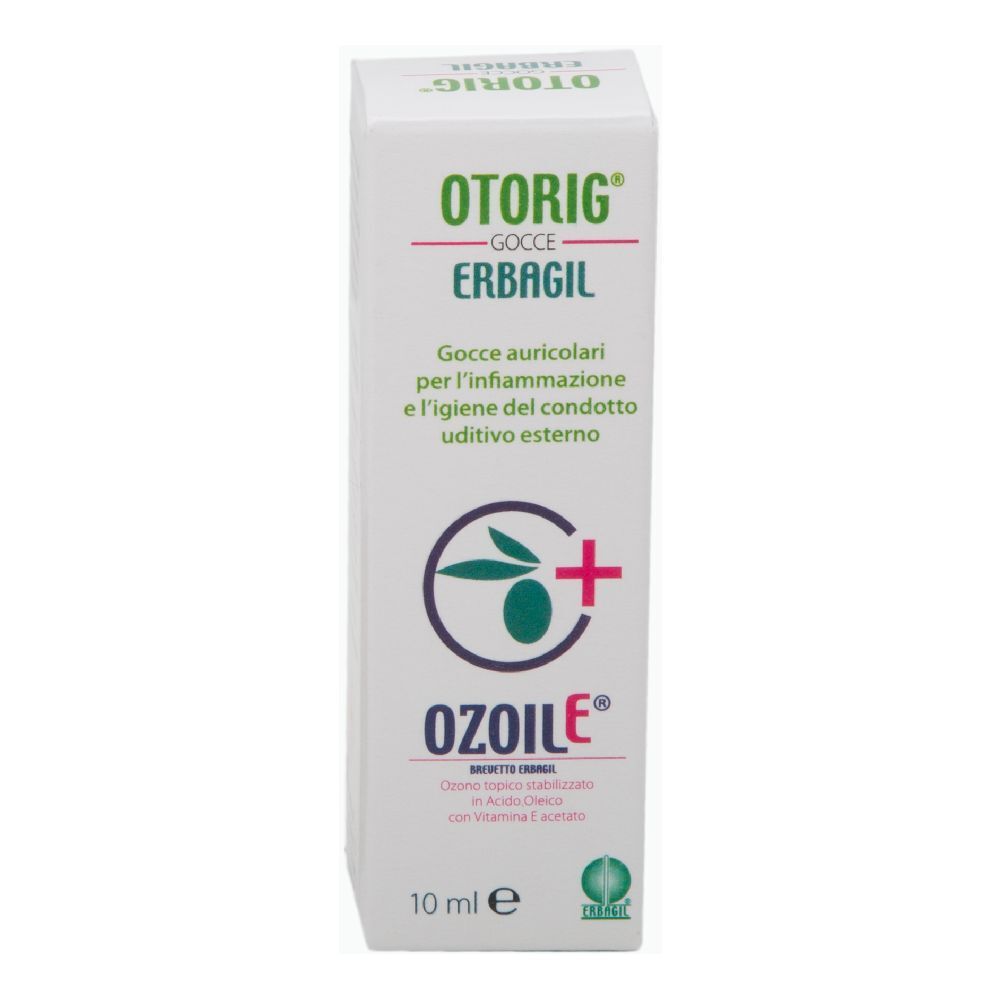 Scatola del prodotto. Otorig Erbagil, gocce auricolari. Contiene Ozonoile. 10 ml.