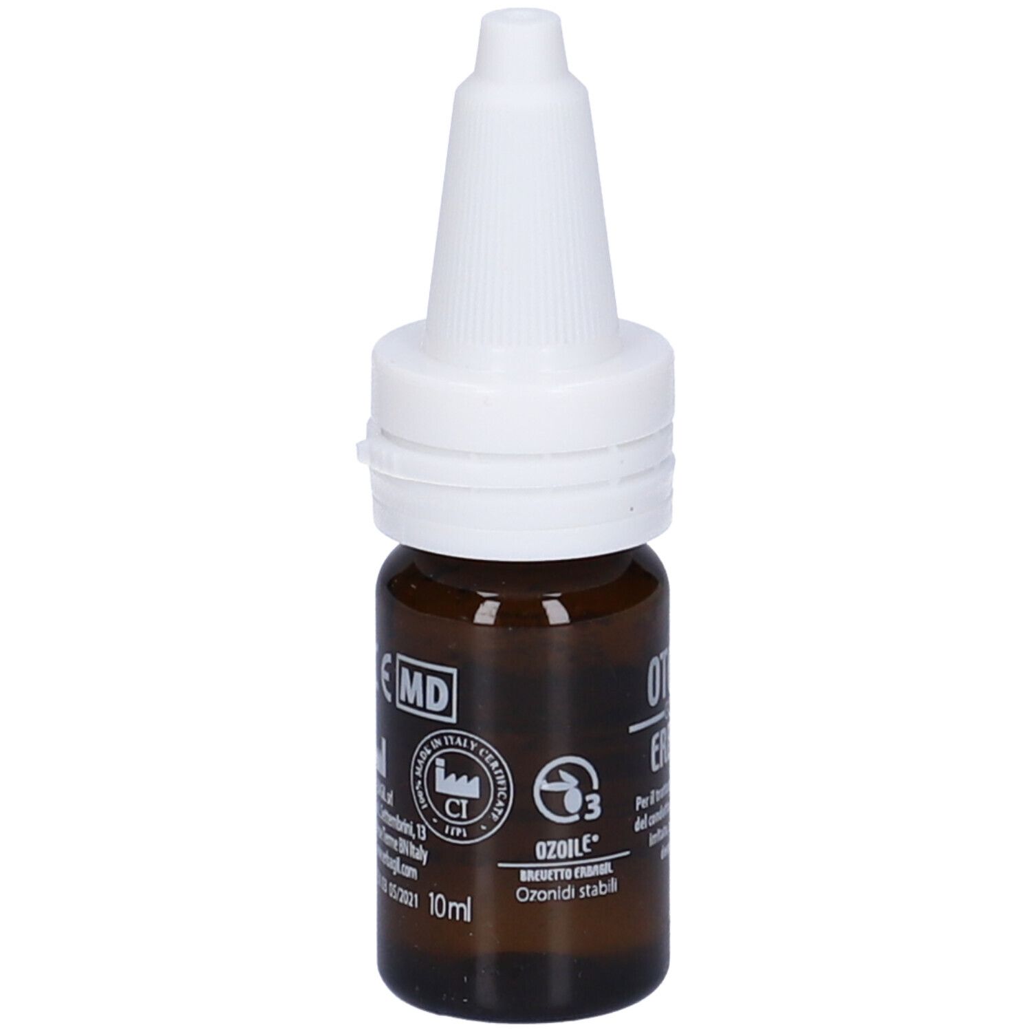 Flacone di vetro marrone con contagocce bianco. Otorig Erbagil. 10 ml. Marchio CE.