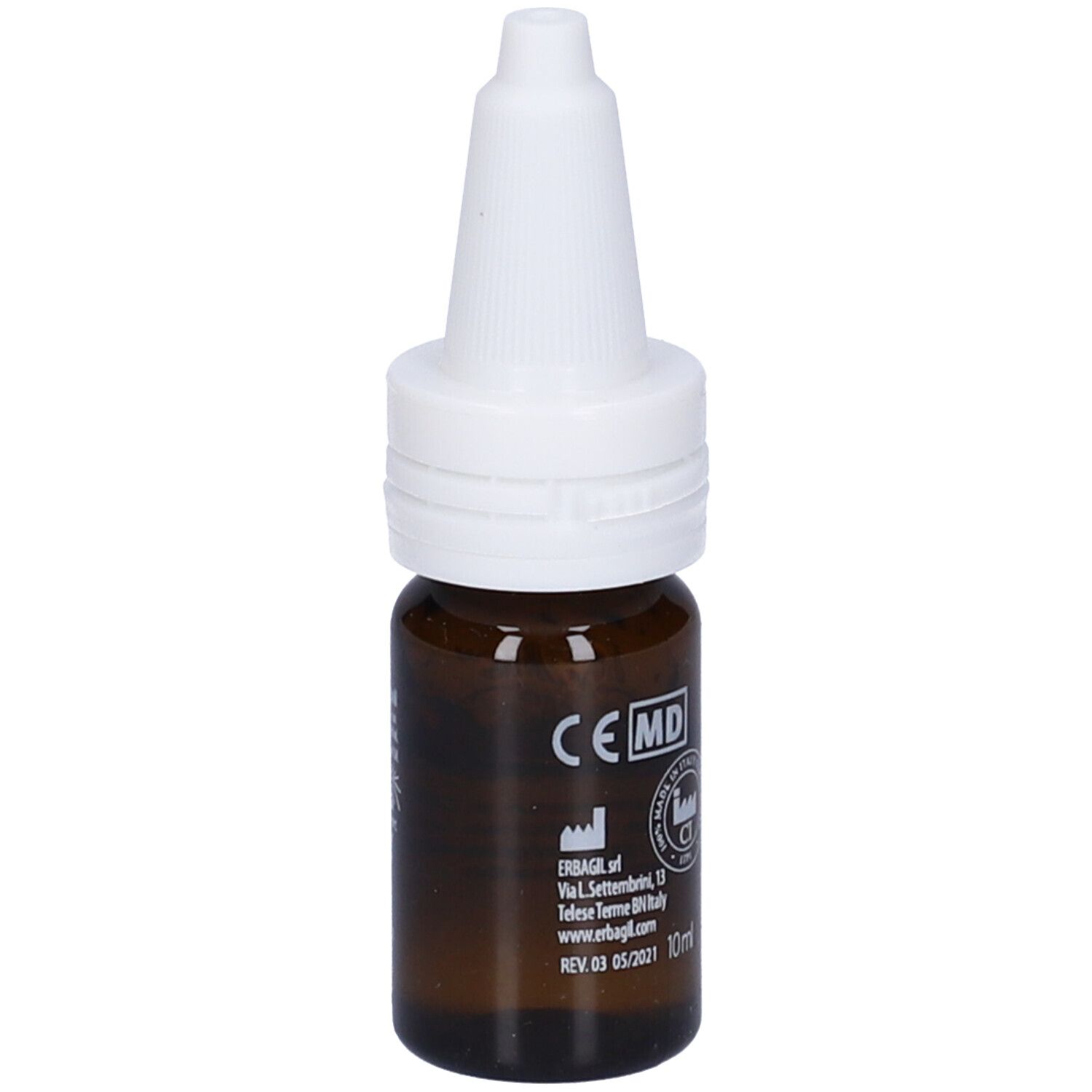 Flacone di vetro marrone con contagocce bianco. Marchio CE. 10 ml.