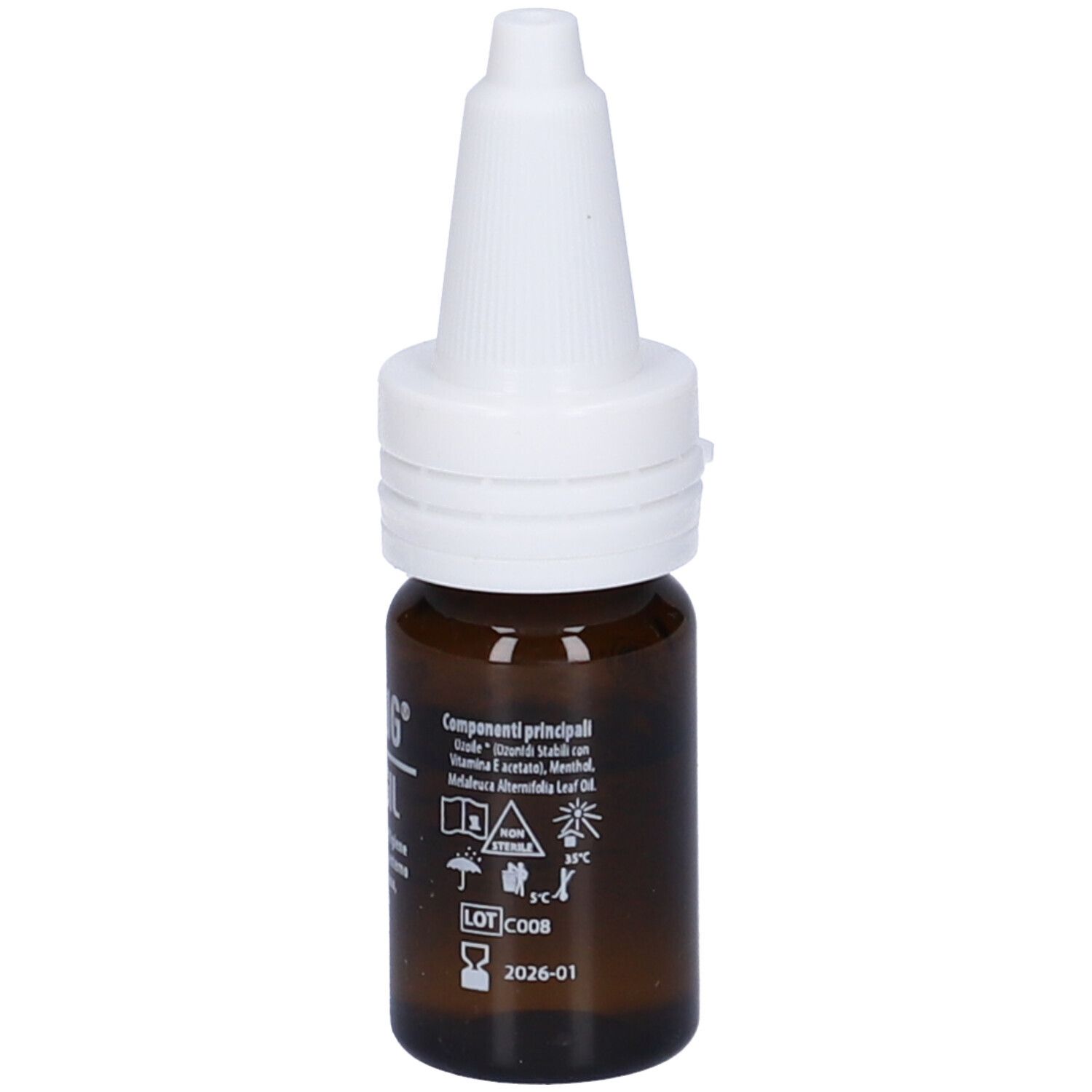 Flacone di vetro marrone con contagocce bianco. Ingredienti, avvertenze. 10 ml.