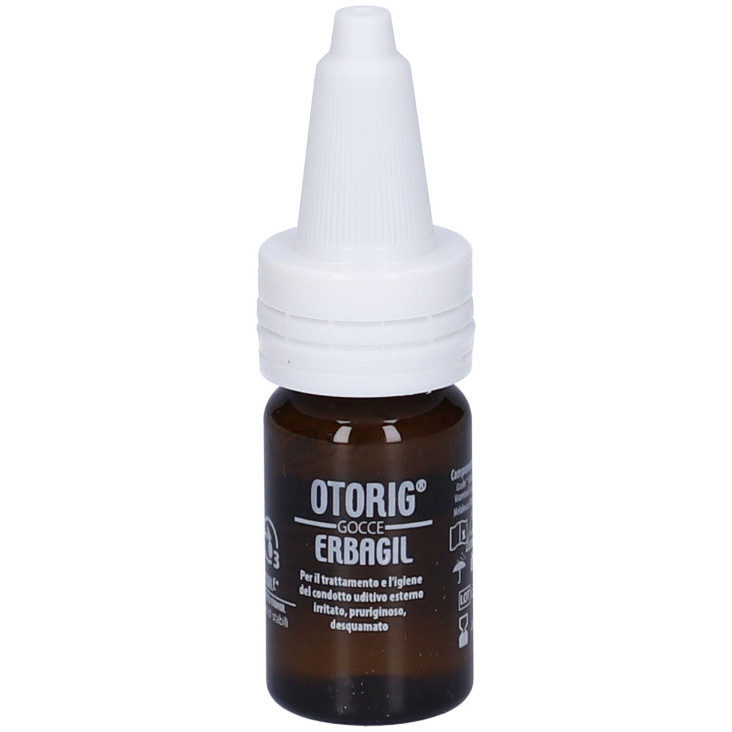 Flacone di vetro marrone con contagocce bianco. Otorig Erbagil. 10 ml.