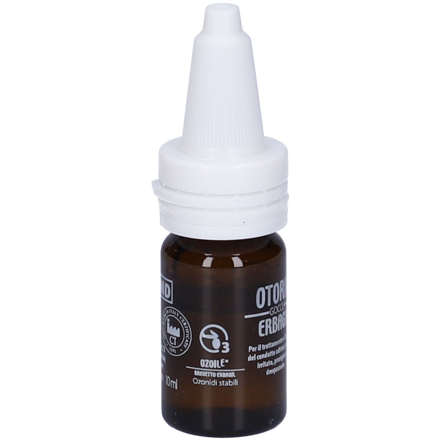 Flacone di vetro marrone con contagocce bianco. Otorig Erbagil. 10 ml.